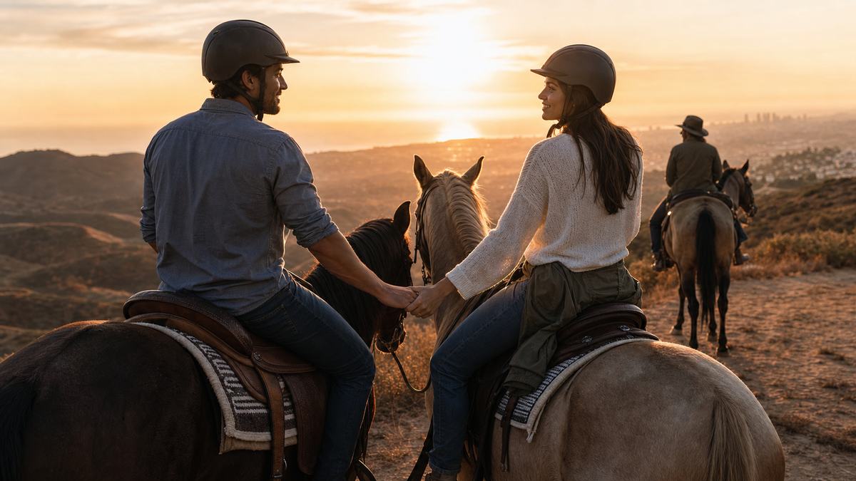 couples sunset horseback riding los angeles hills