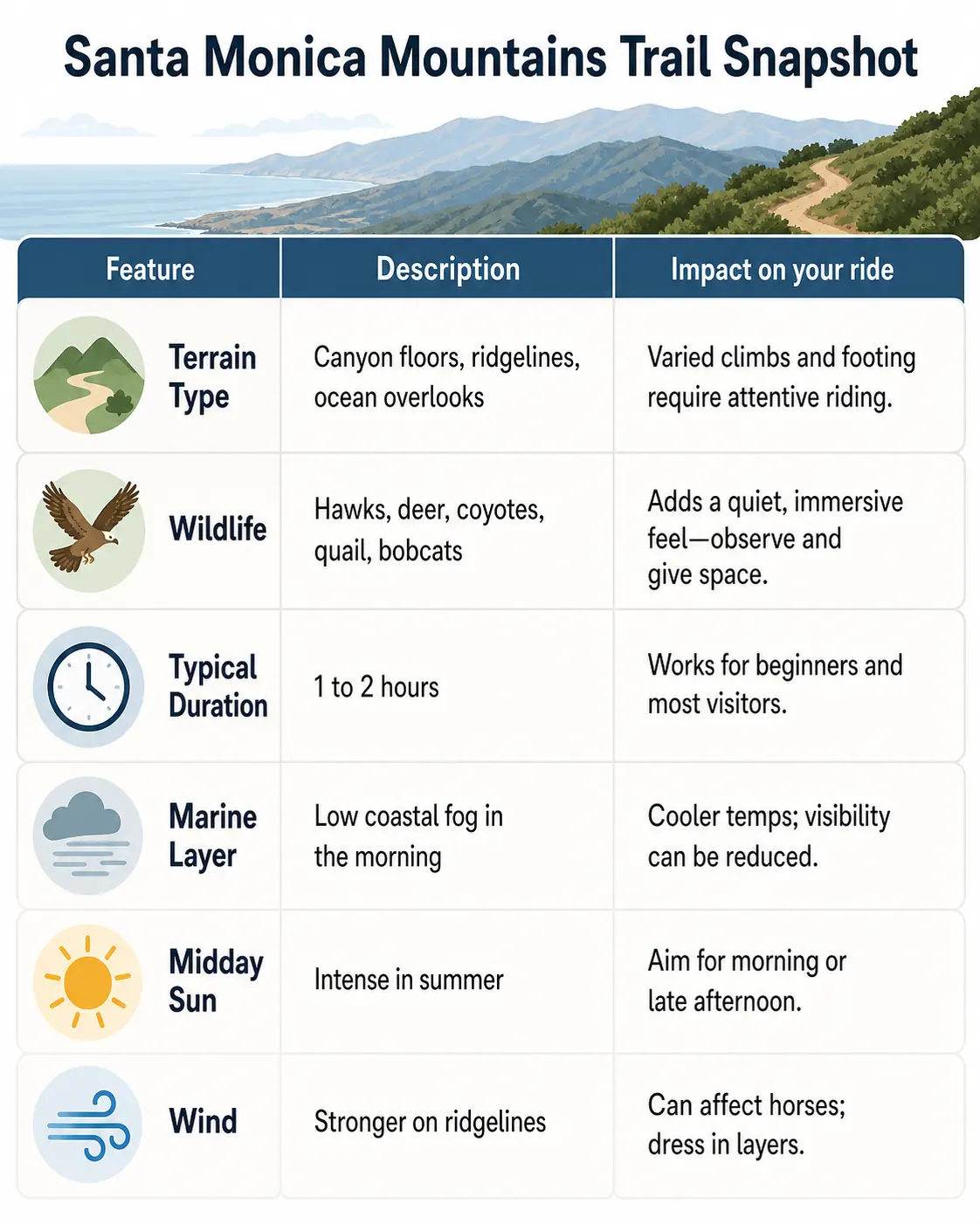 Santa Monica Mountains trail snapshot horseback riding Los Angeles - terrain, wildlife, duration, weather