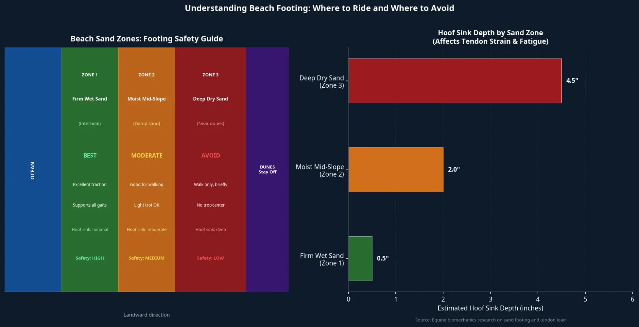 Understanding Beach Footing: Where to Ride and Where to Avoid showing sand zones from firm wet intertidal sand to deep dry dune sand, with hoof sink depth comparison