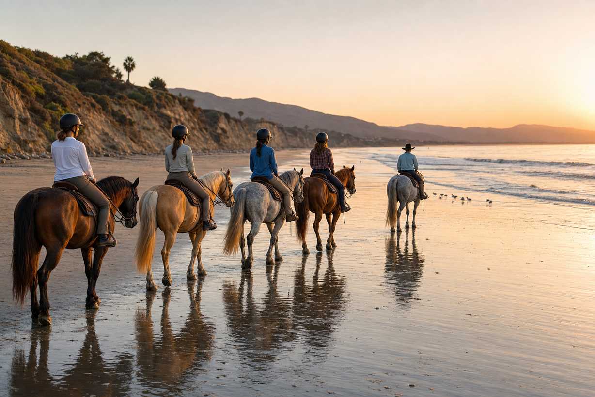 Guided horseback riding on the beach sunset group ride
