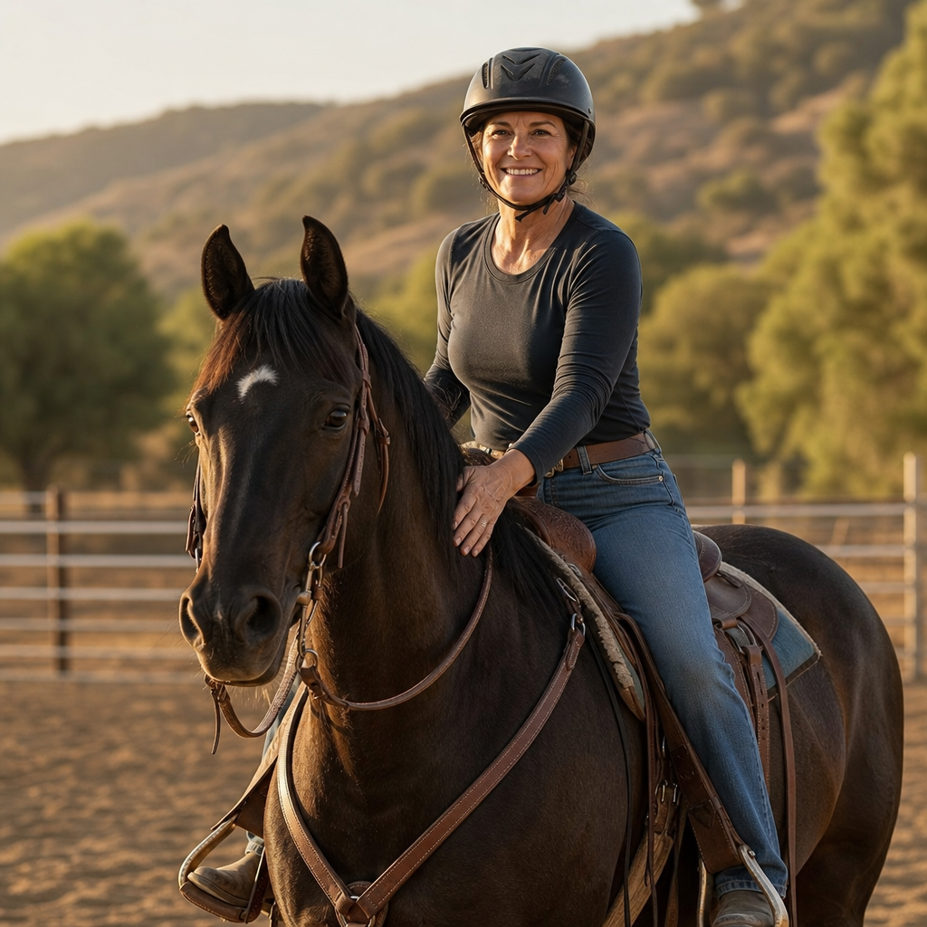 Confident adult rider during adult horseback riding lessons at a welcoming Southern California ranch