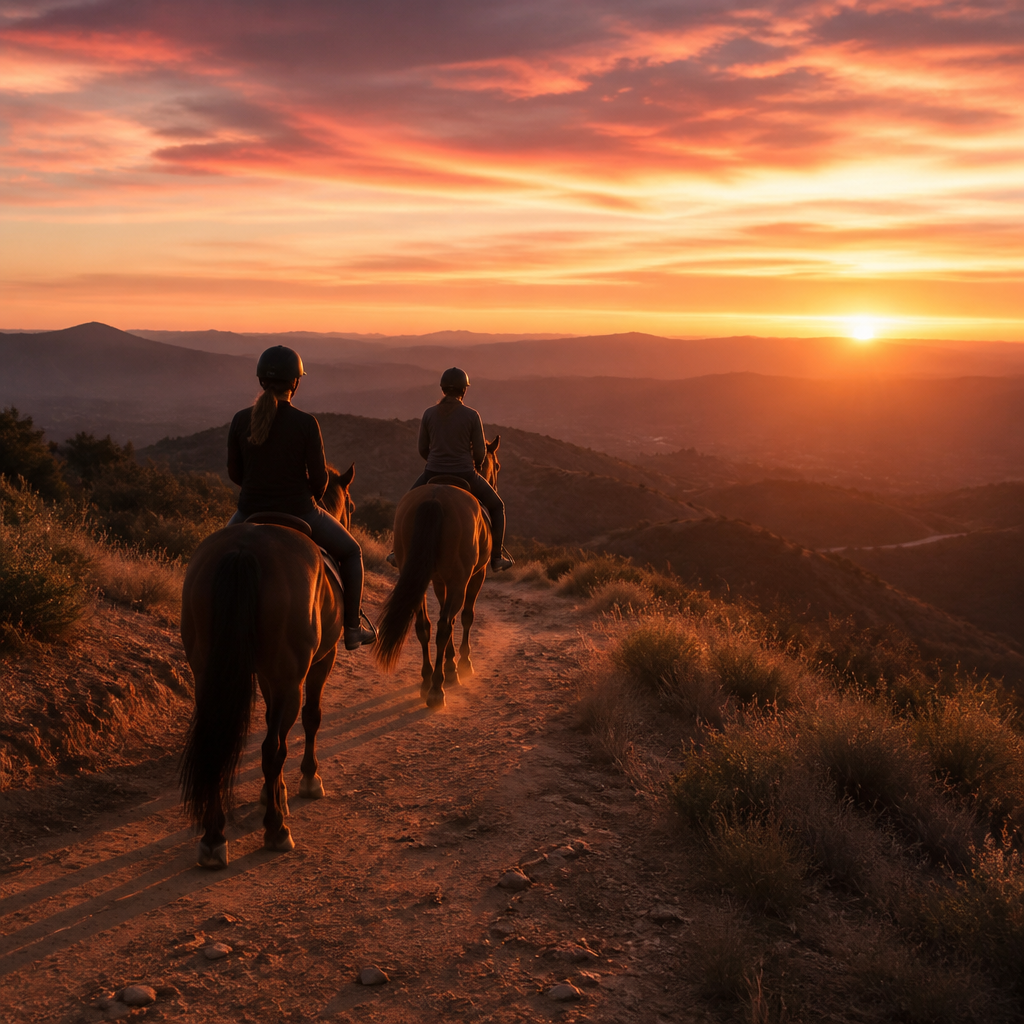 horseback riding near me lessons: Riders enjoying a sunset trail ride, an experience unlocked by taking a horseback riding lesson