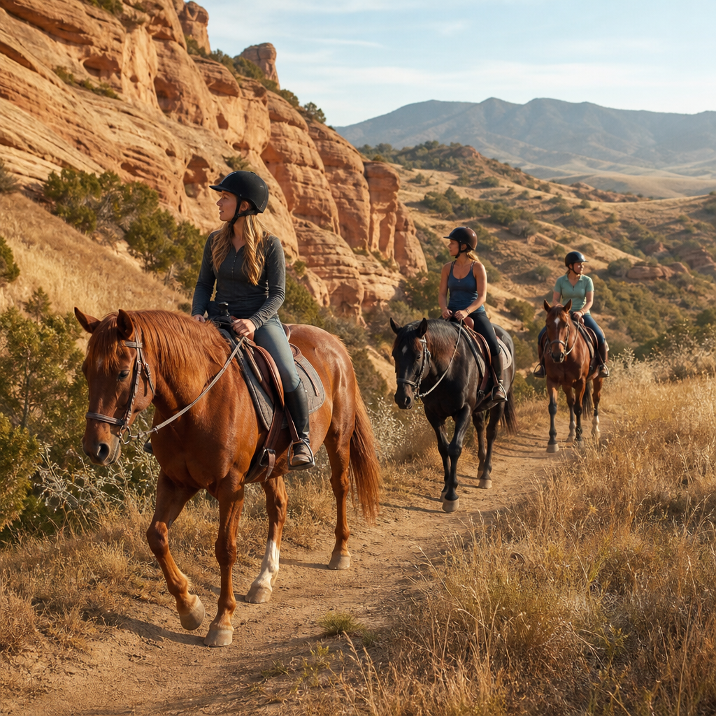 horseback riding lessons for adults near me: Small-group riders on a local Southern California trail, the setting for horseback riding lessons near me