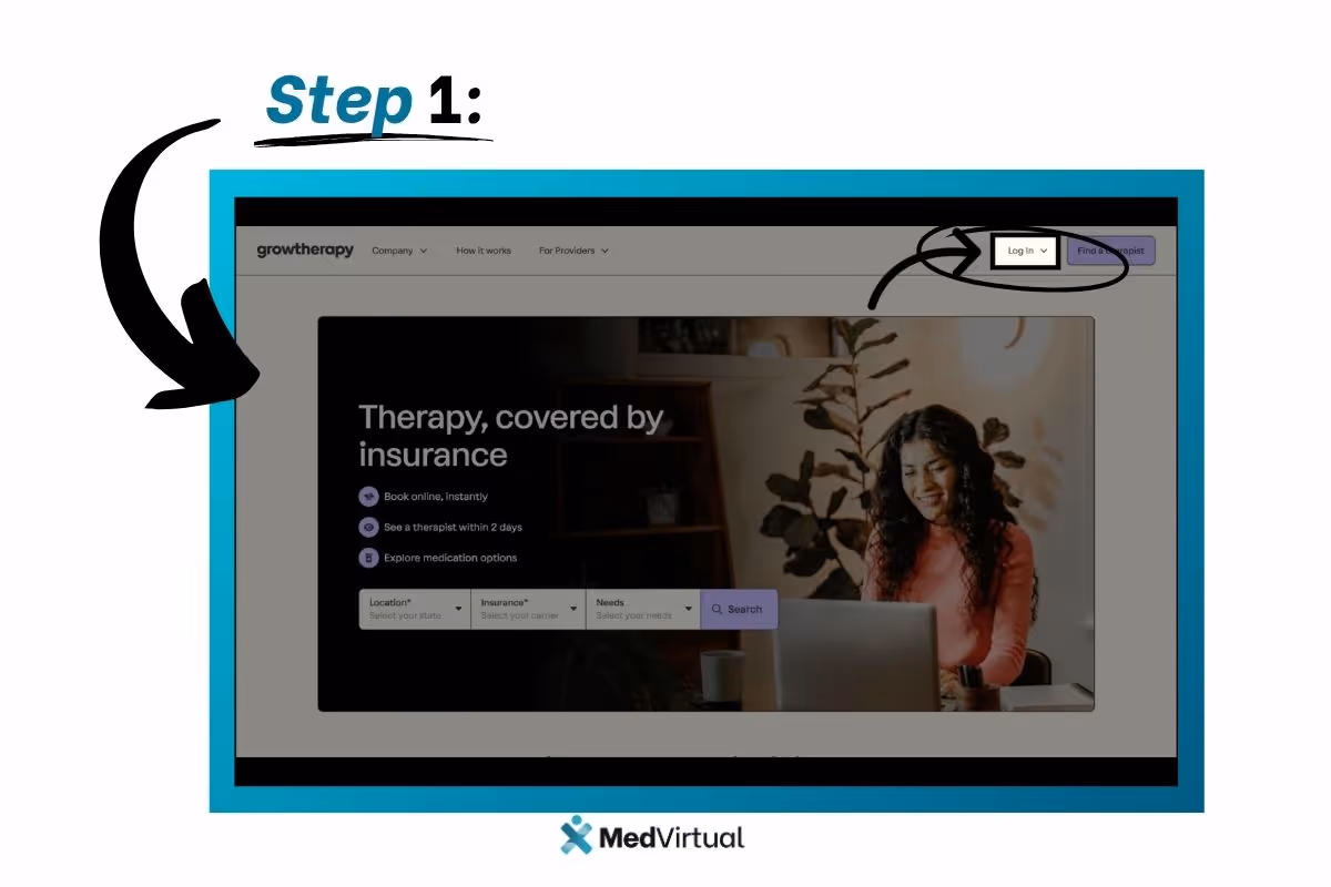 Step 1: Visit Grow Therapy website and click the 'Log In' button in the top right corner; MedVirtual branding at bottom.