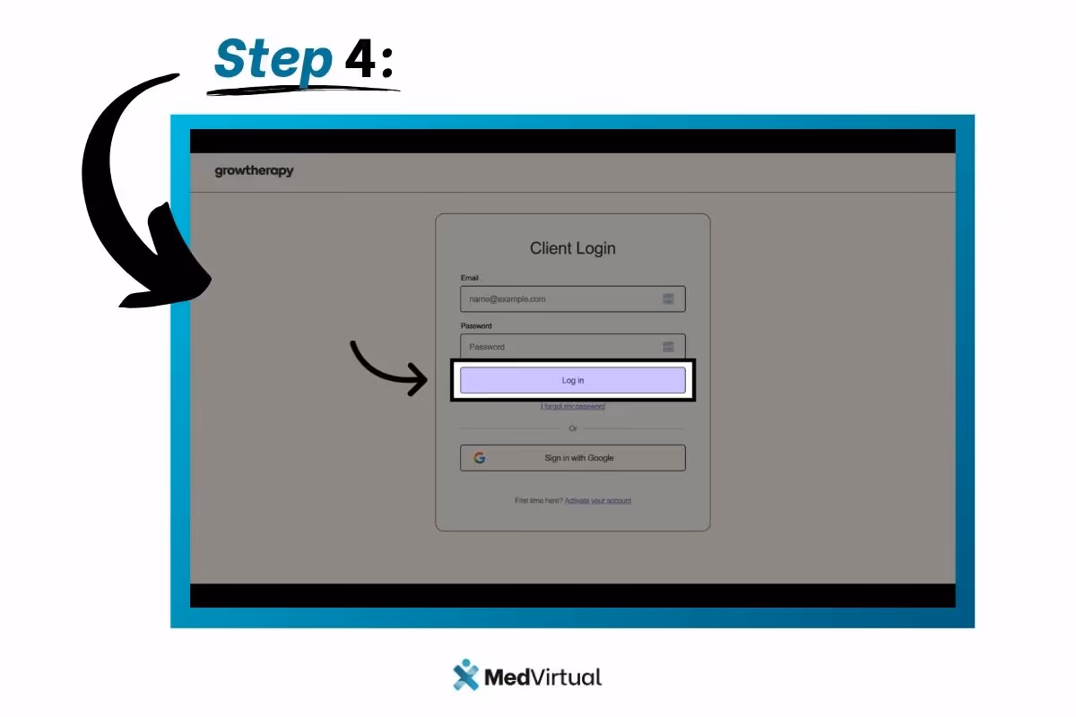 Step 4: Click the purple 'Log in' button on the Grow Therapy Client Login page after entering email and password; MedVirtual logo shown below.