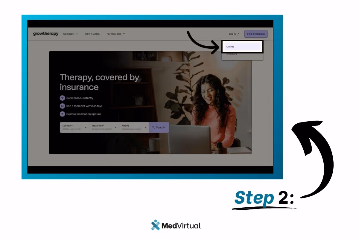 Step 2: From the Grow Therapy homepage, click 'Log In' and select 'Clients' from the dropdown menu; MedVirtual logo shown below.