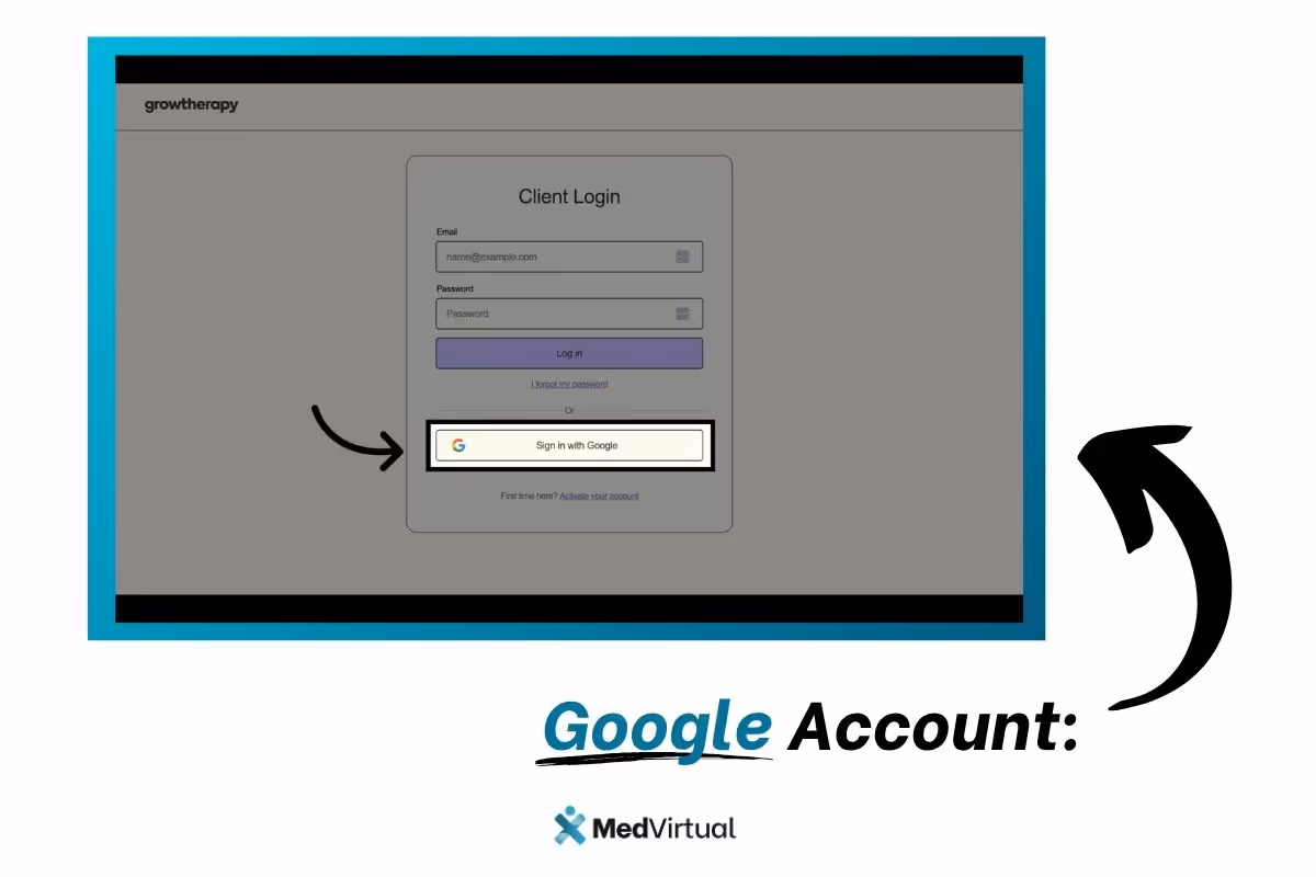 Google Account login option highlighted on Grow Therapy Client Login page, with 'Sign in with Google' button emphasized; MedVirtual logo at the bottom.