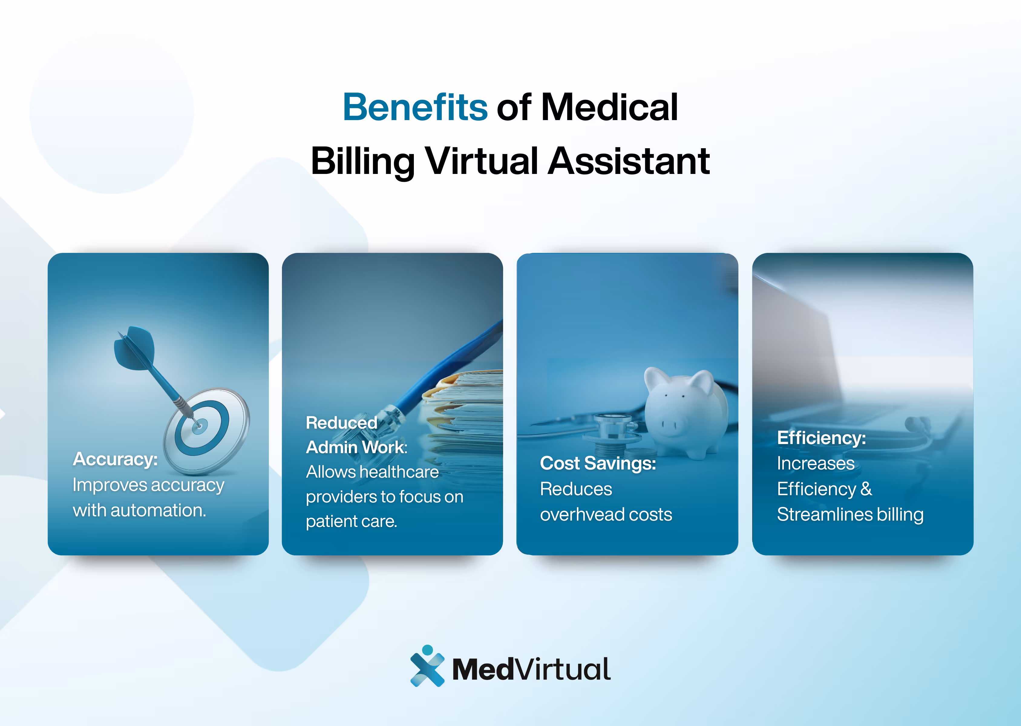 Infographic showing four benefits of a medical billing virtual assistant: accuracy, reduced admin work, cost savings, and efficiency, branded by MedVirtual.
