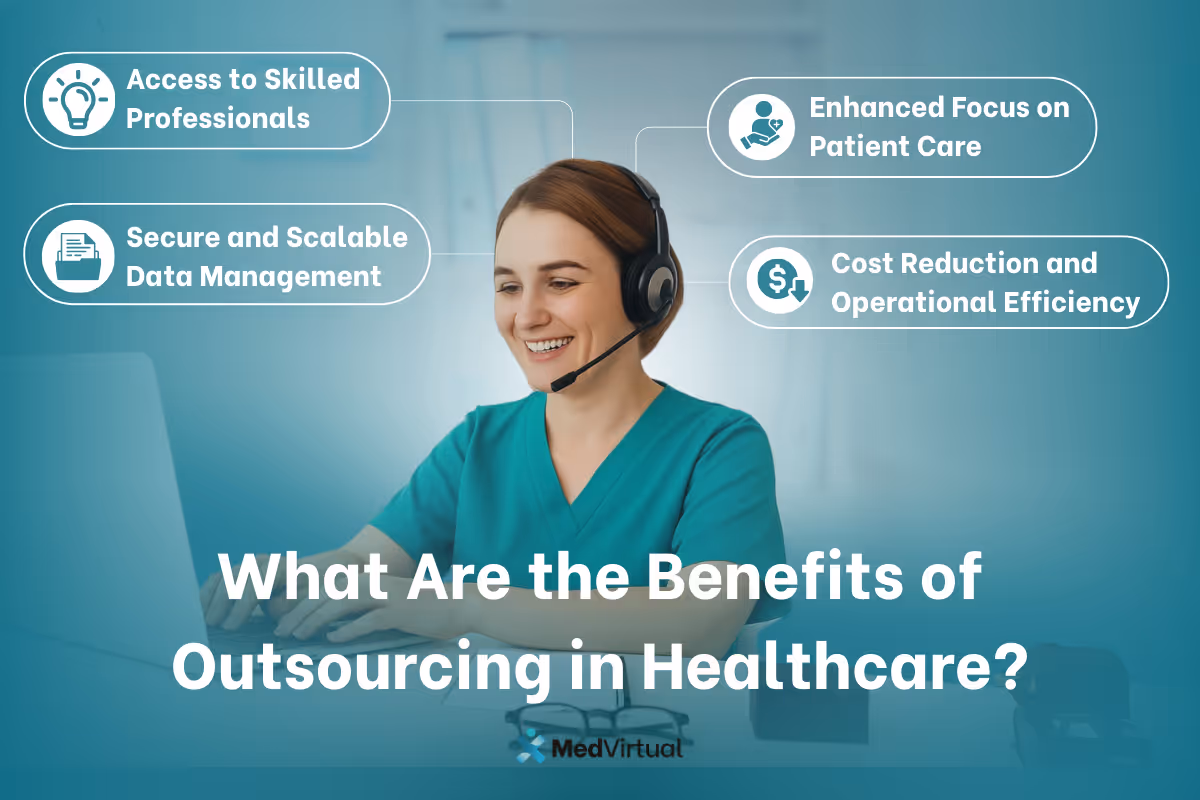 Smiling healthcare assistant with headset at laptop, highlighting key benefits of outsourcing like cost savings and patient care.
