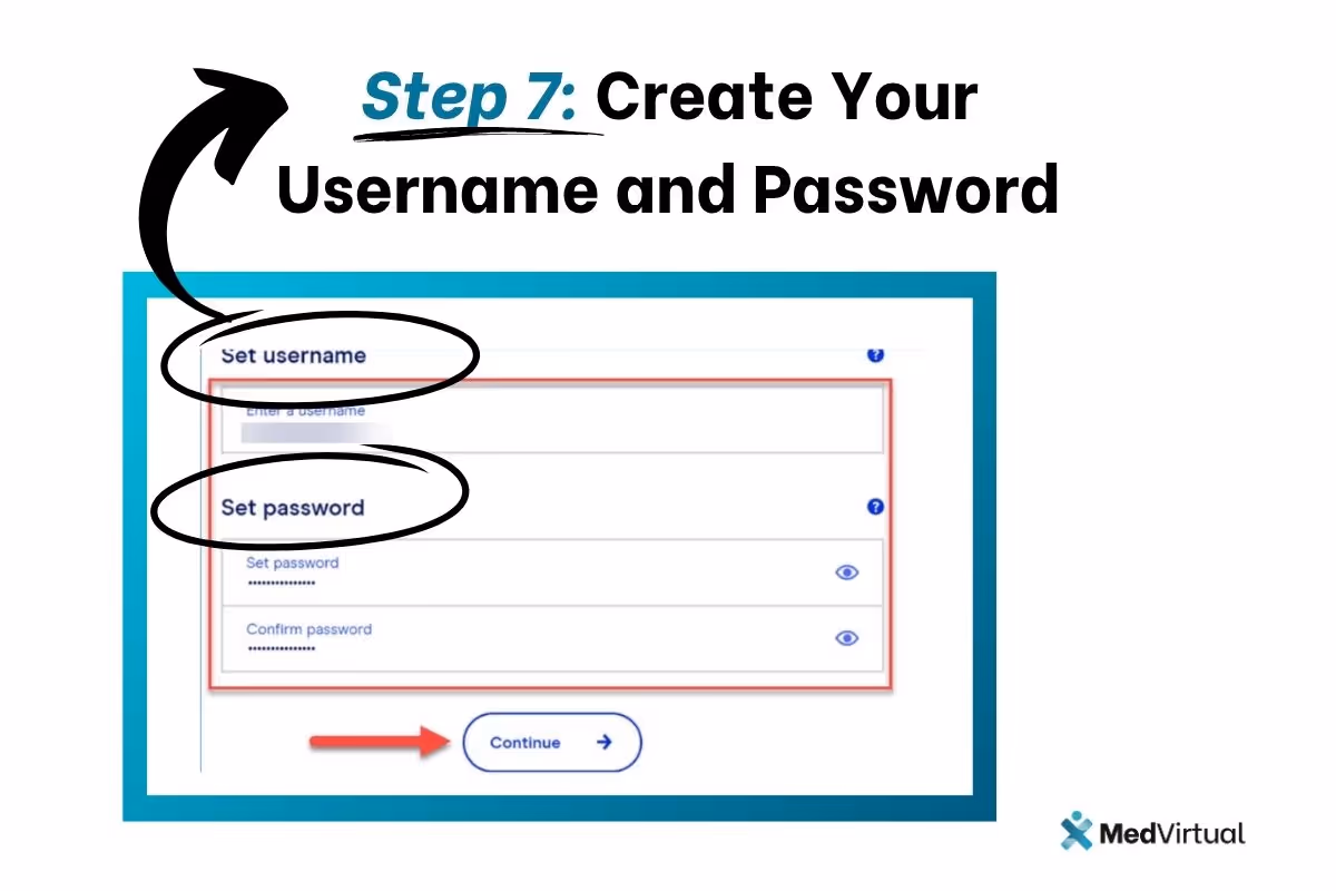 Step 7: Create a unique username and secure password to set up your Office Ally account, then click Continue to move forward.