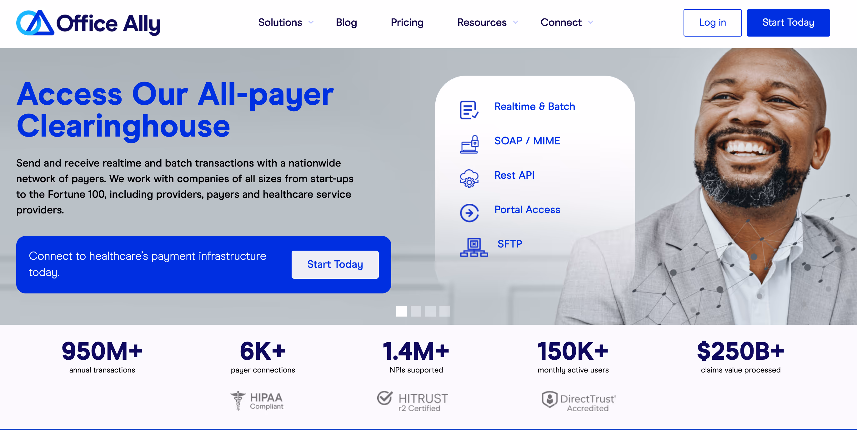 Office Ally's all-payer clearinghouse overview with key service features and statistics