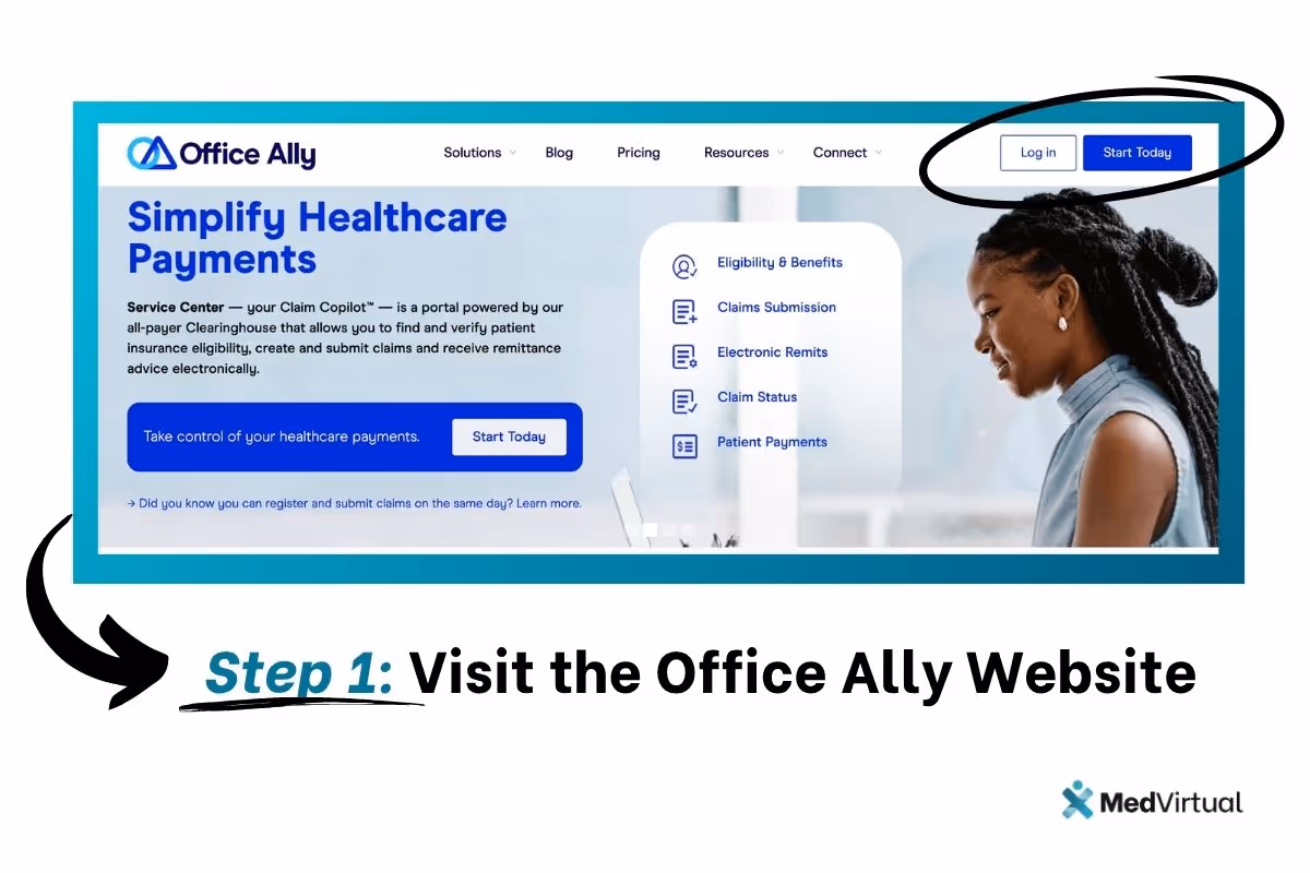 Step 1: Go to the Office Ally website and click “Start Today” to begin.