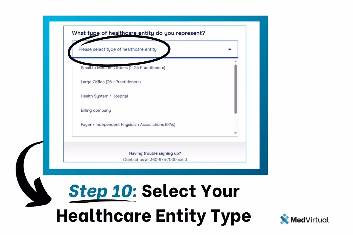 Step 10 of Office Ally registration: Dropdown menu for selecting healthcare entity type, including small offices, hospitals, billing companies, and IPAs.