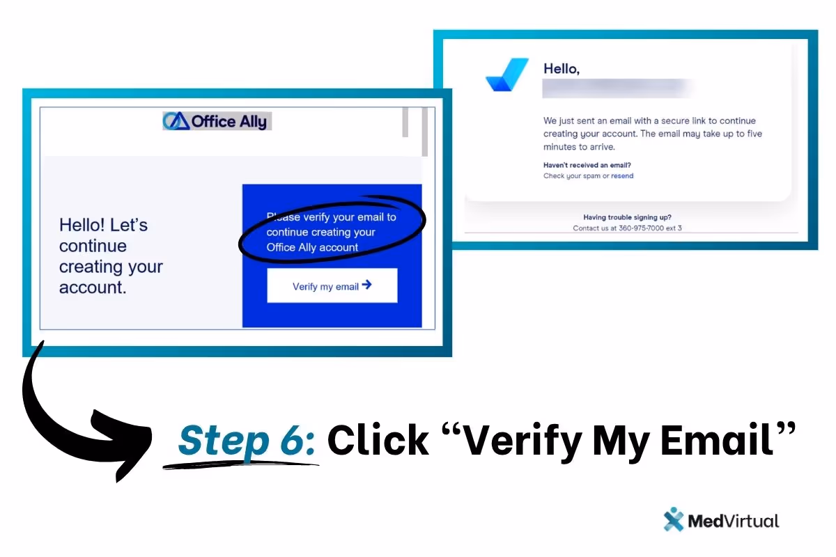 Step 6 of Office Ally registration: Email verification screen with a prompt to click 'Verify My Email' to continue account setup.