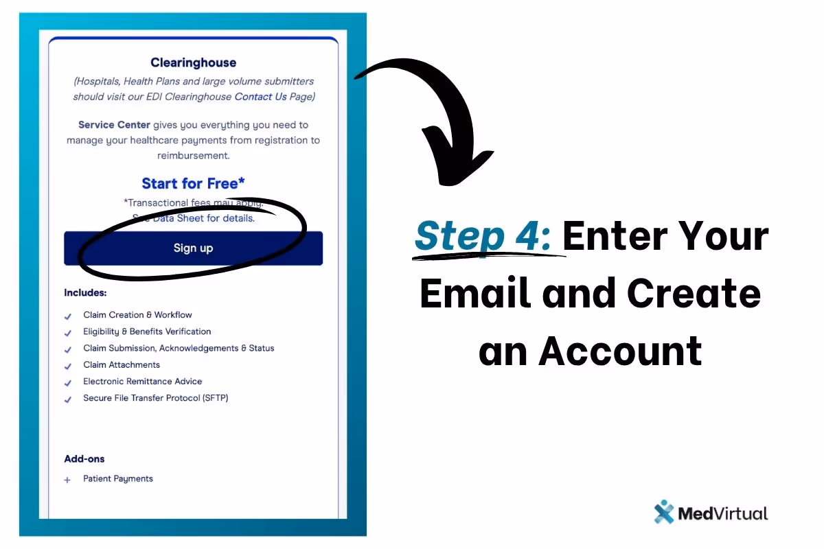 Step 4 of Office Ally registration: Screenshot highlighting the 'Sign up' button for Clearinghouse services, with instructions to enter your email and create an account.