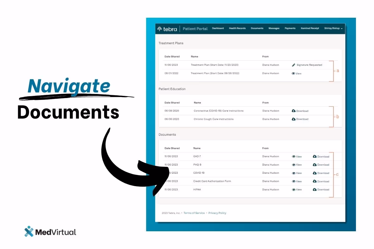 Tebra Patient Portal documents section showing treatment plans, patient education, and downloadable documents.