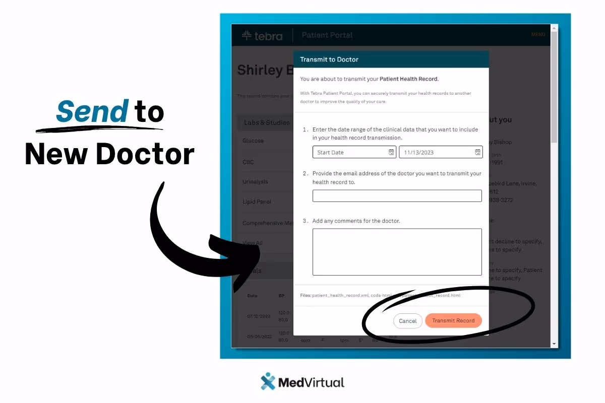 User enters a date range and doctor’s email to transmit their health record via the Tebra Patient Portal.