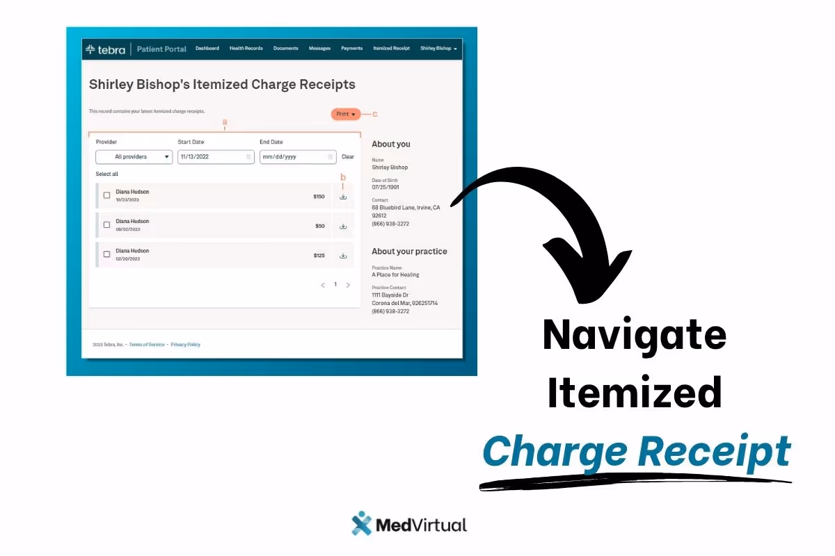 Patient portal screen displaying itemized charge receipts with provider names, dates, charges, and print/download options.