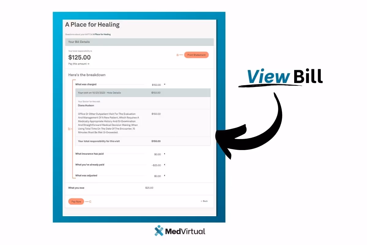 Patient bill details screen showing total responsibility, visit charges, payment breakdown, and a "Pay Now" button.
