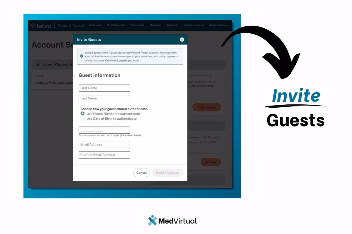 Invite Guests screen showing fields for guest’s name, authentication method, phone number, and email address.