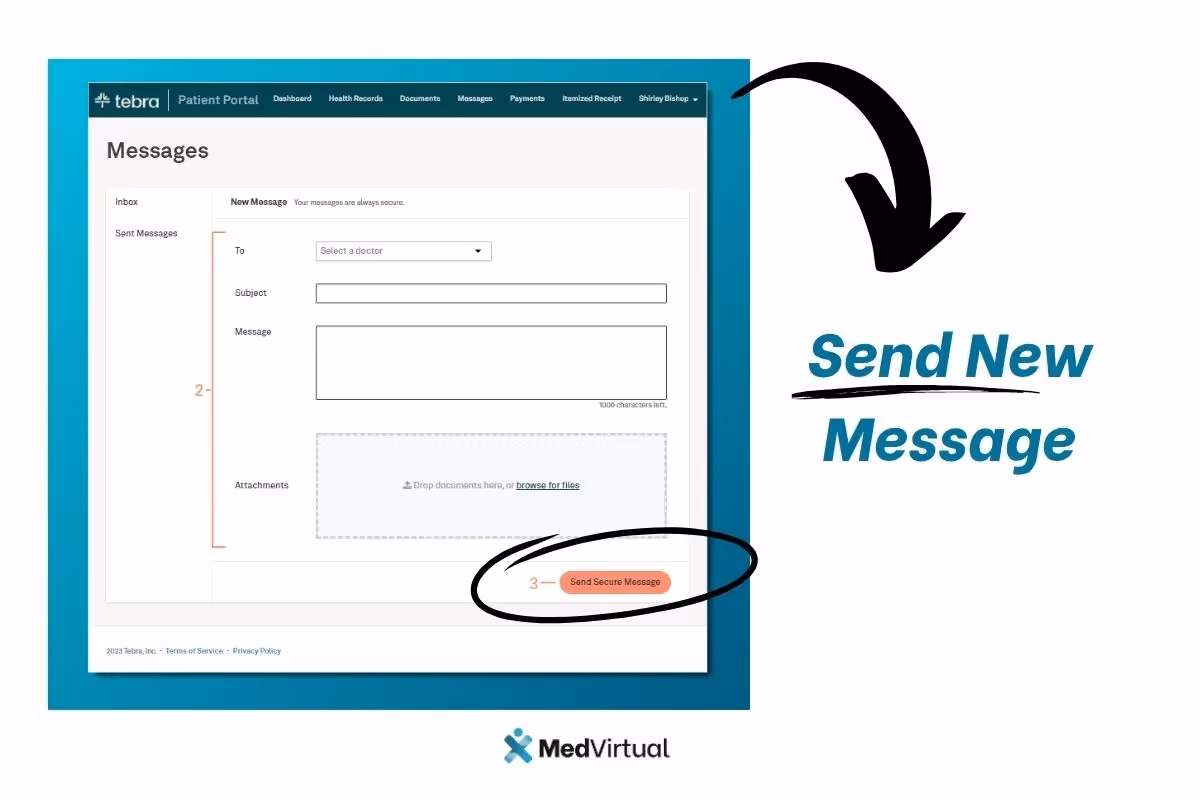 Tebra Patient Portal new message screen with fields to select a doctor, enter subject and message, attach files, and a "Send Secure Message" button.