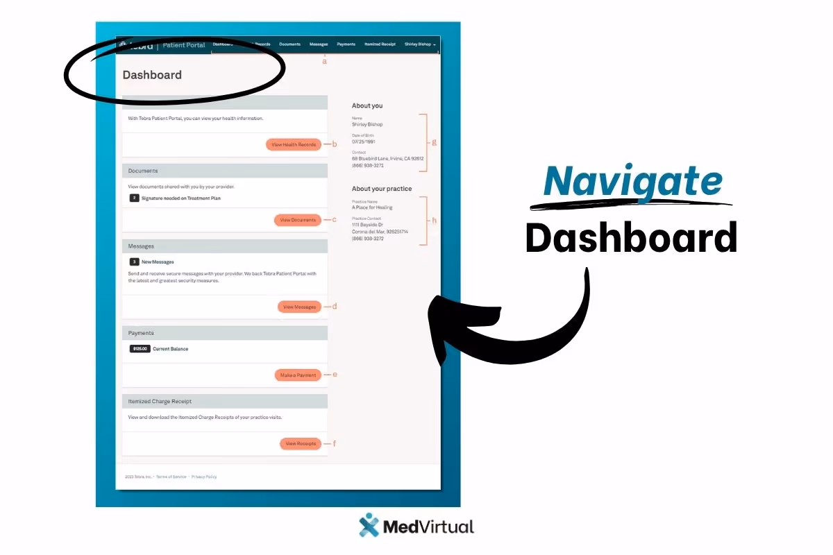 Tebra Patient Portal dashboard screen showing sections for health records, documents, messages, payments, and practice contact details.