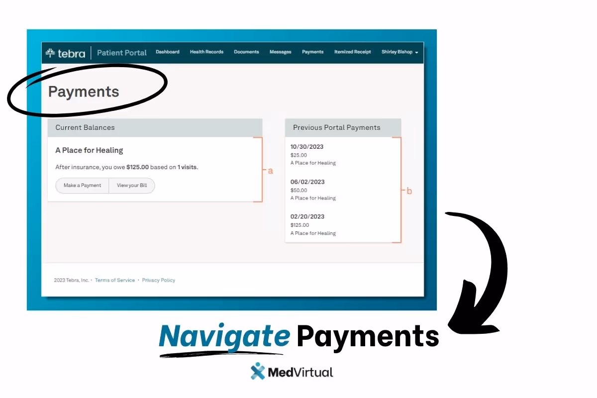 Tebra Patient Portal payments page showing current balance, previous payments, and options to view bill or make a payment.