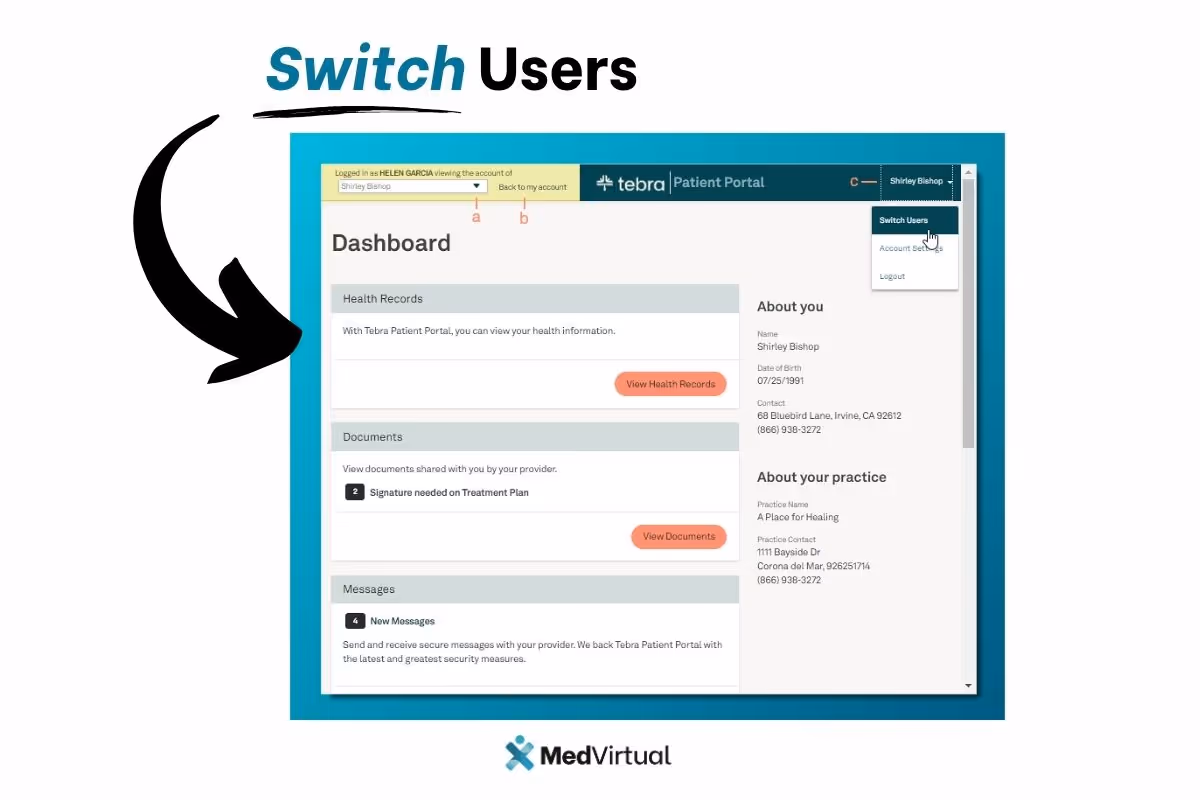 Tebra Patient Portal dashboard with dropdown menu showing user is logged in as Helen Garcia and viewing Shirley Bishop’s account, with an option to switch users.