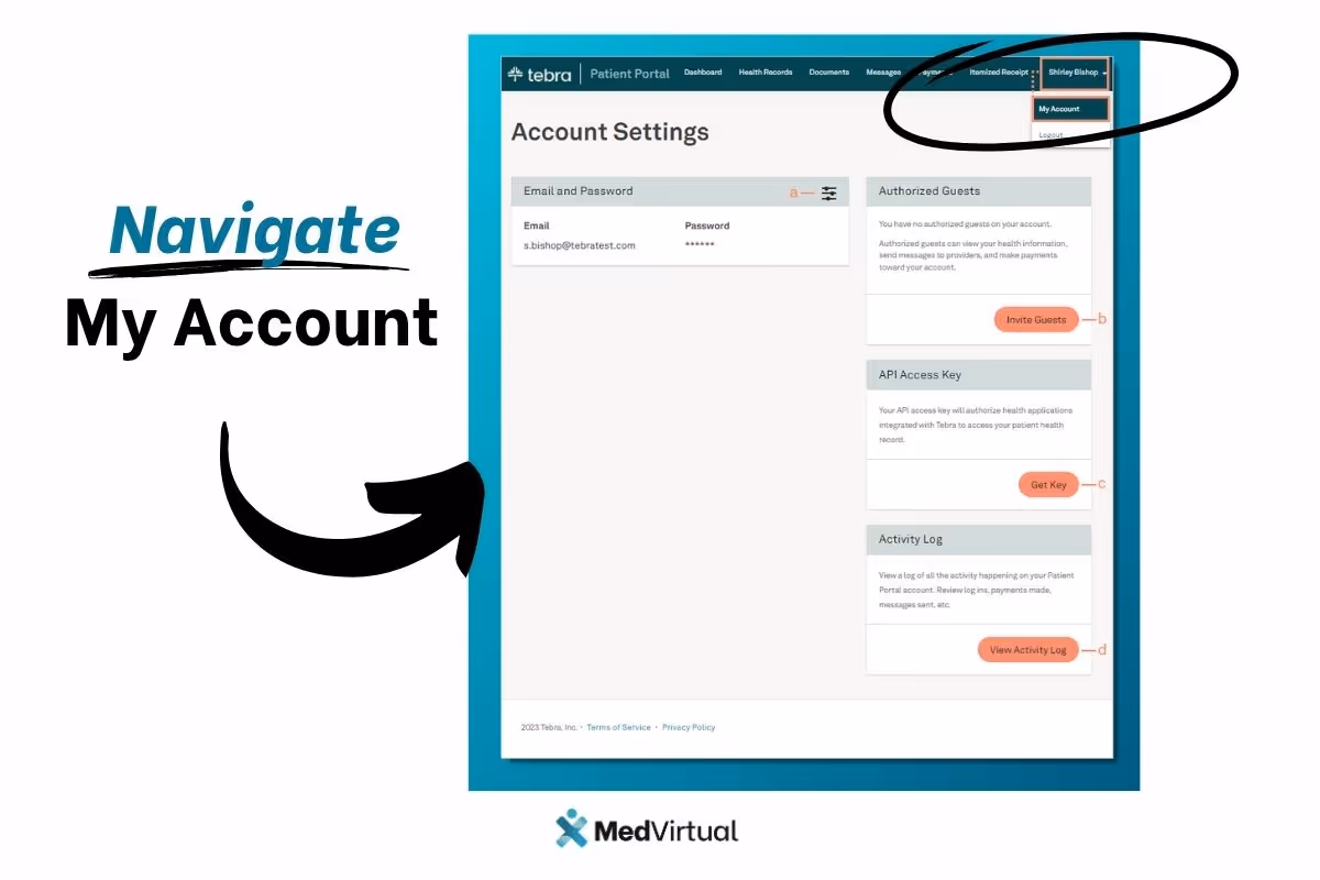 Patient portal account settings screen showing email, password, authorized guests, API access key, and activity log options.
