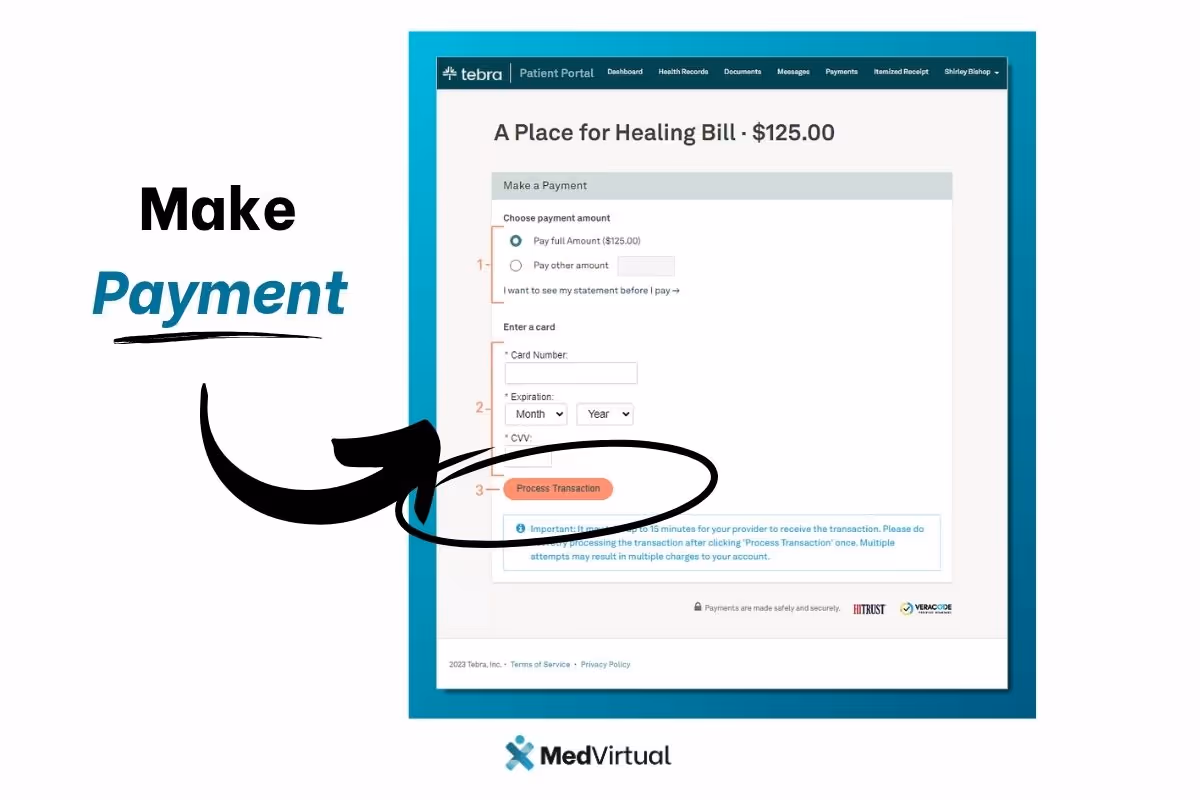 Payment screen showing a $125.00 bill with card entry fields and a “Process Transaction” button highlighted.