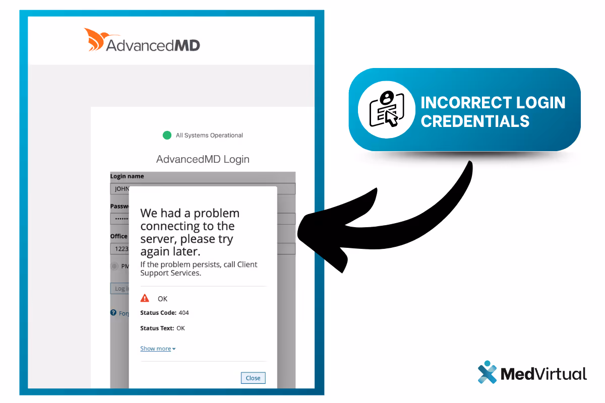 AdvancedMD login error with 404 status and message about server issue. Label highlights incorrect login credentials. MedVirtual logo.