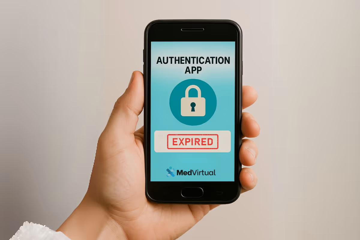Hand holding phone showing authentication app with 'Expired' warning. MedVirtual logo.