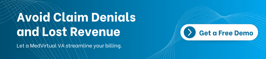 Promotional banner with a blue wave background stating 'Avoid Claim Denials and Lost Revenue. Let a MedVirtual VA streamline your billing.' Includes a white button with a blue arrow icon and the text 'Get a Free Demo'.
