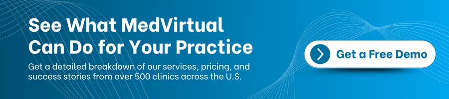 Banner promoting MedVirtual with call to action: 'Get a Free Demo' and text highlighting services, pricing, and success stories from over 500 clinics.