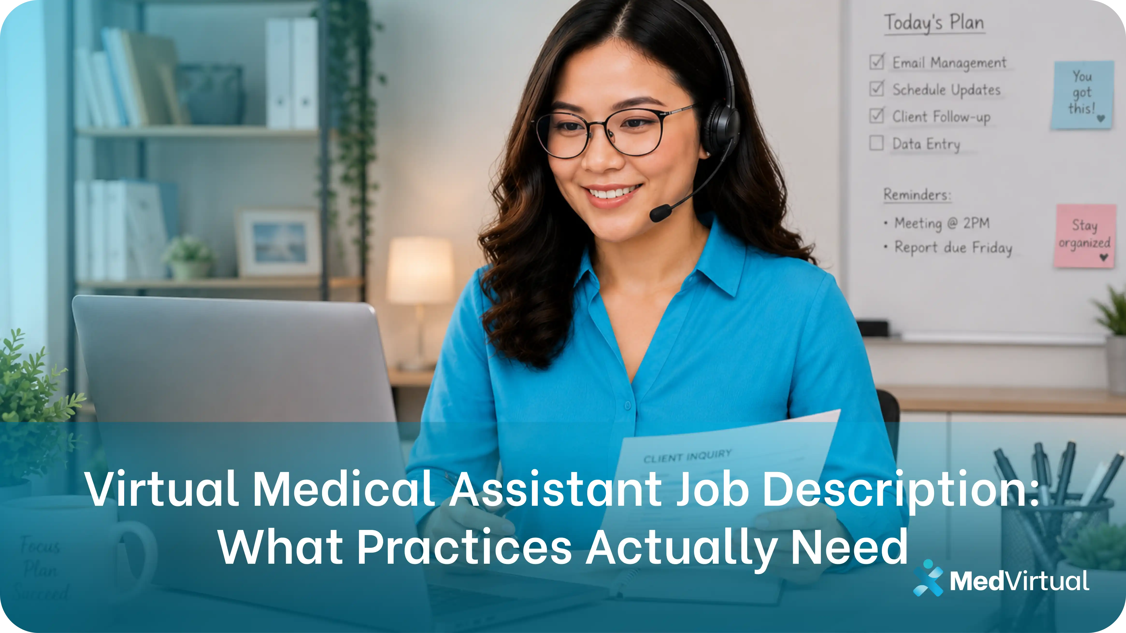 virtual medical assistant with headset managing client inquiries, schedule updates, and admin tasks remotely for a us medical practice