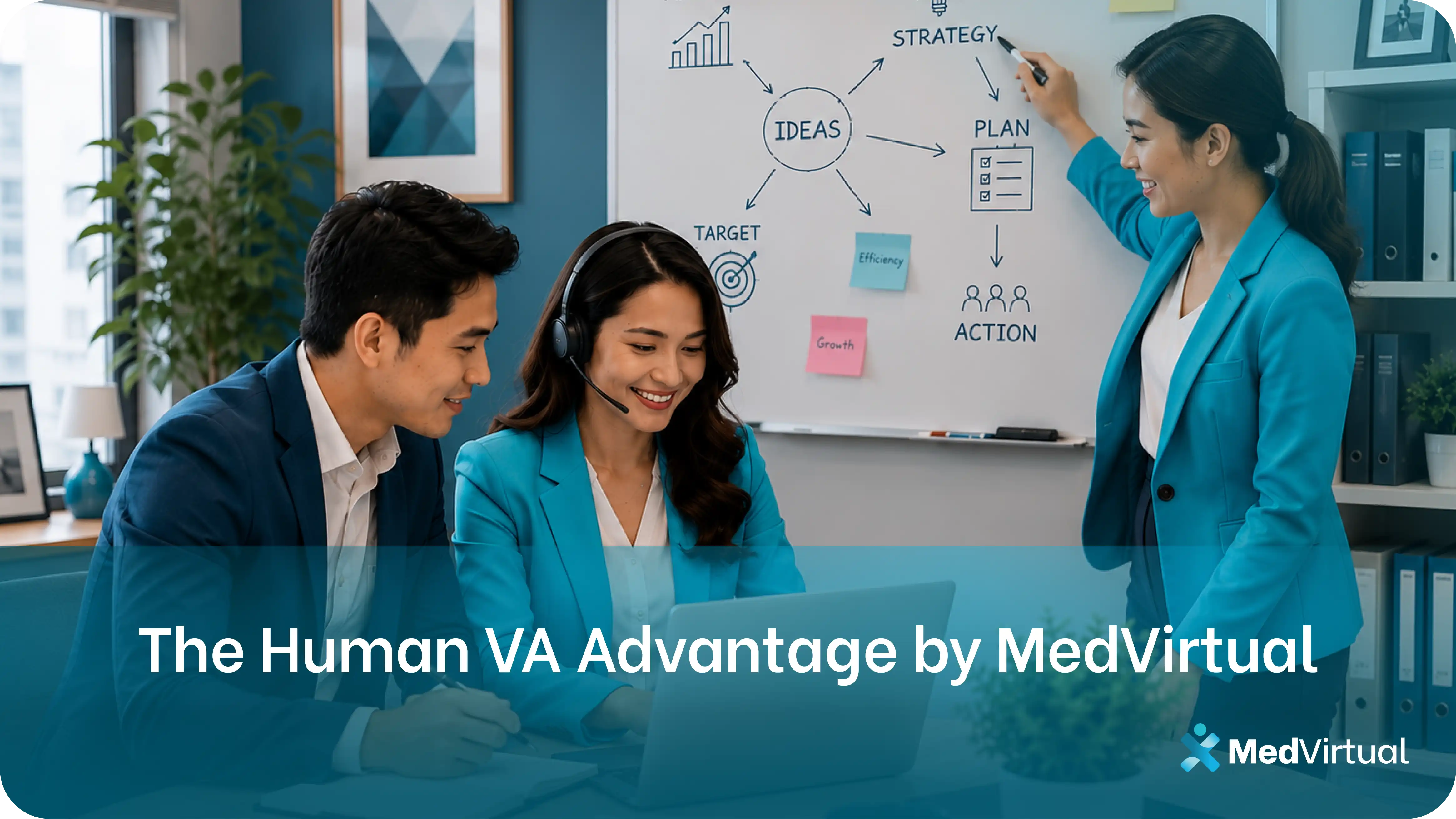 human virtual assistant team collaborating on a strategy whiteboard with a practice manager highlighting the human va advantage over ai in healthcare operations