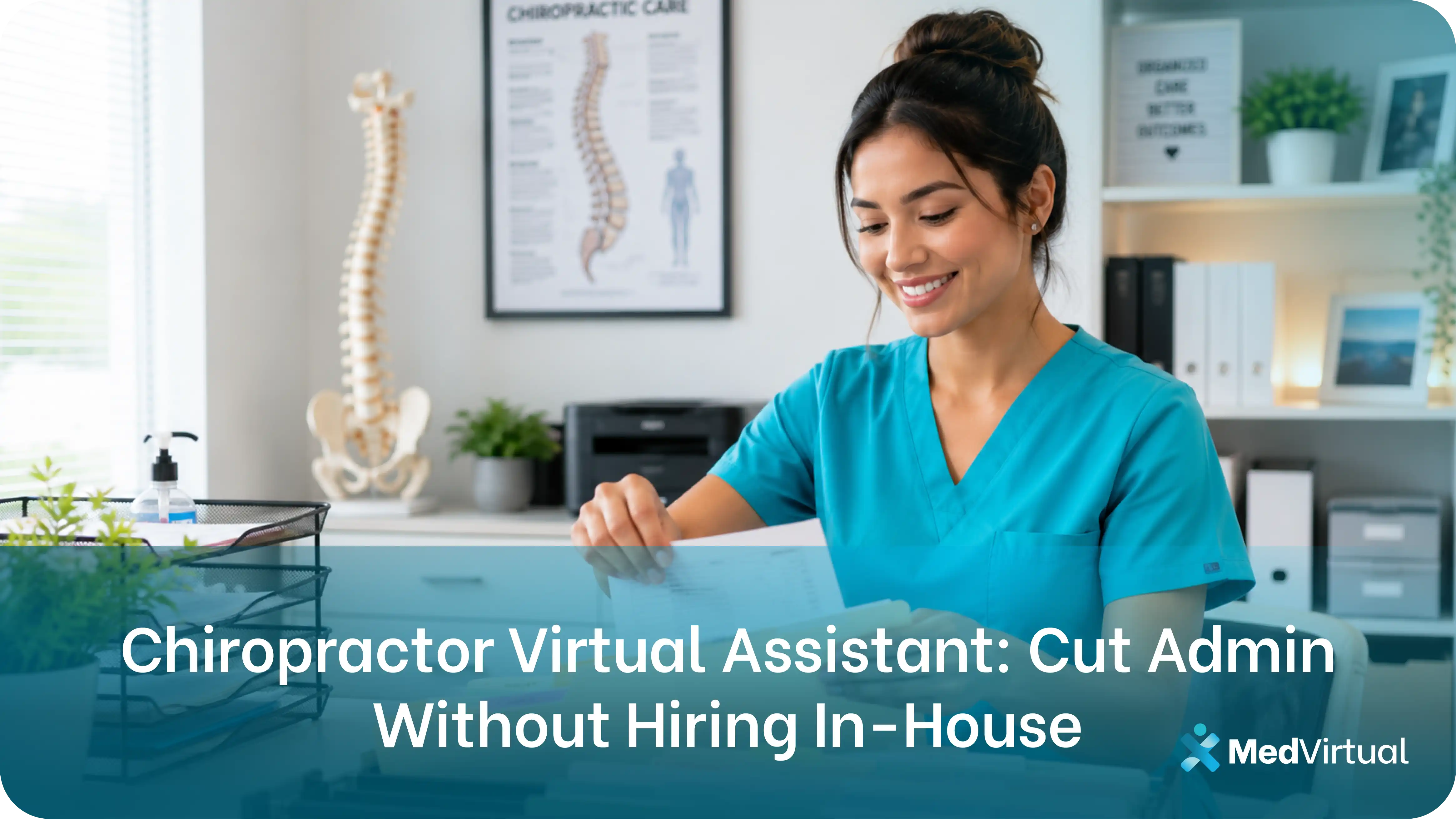 virtual assistant in scrubs reviewing patient documents at a chiropractic office front desk with a spinal anatomy model and chiropractic care poster in the background
