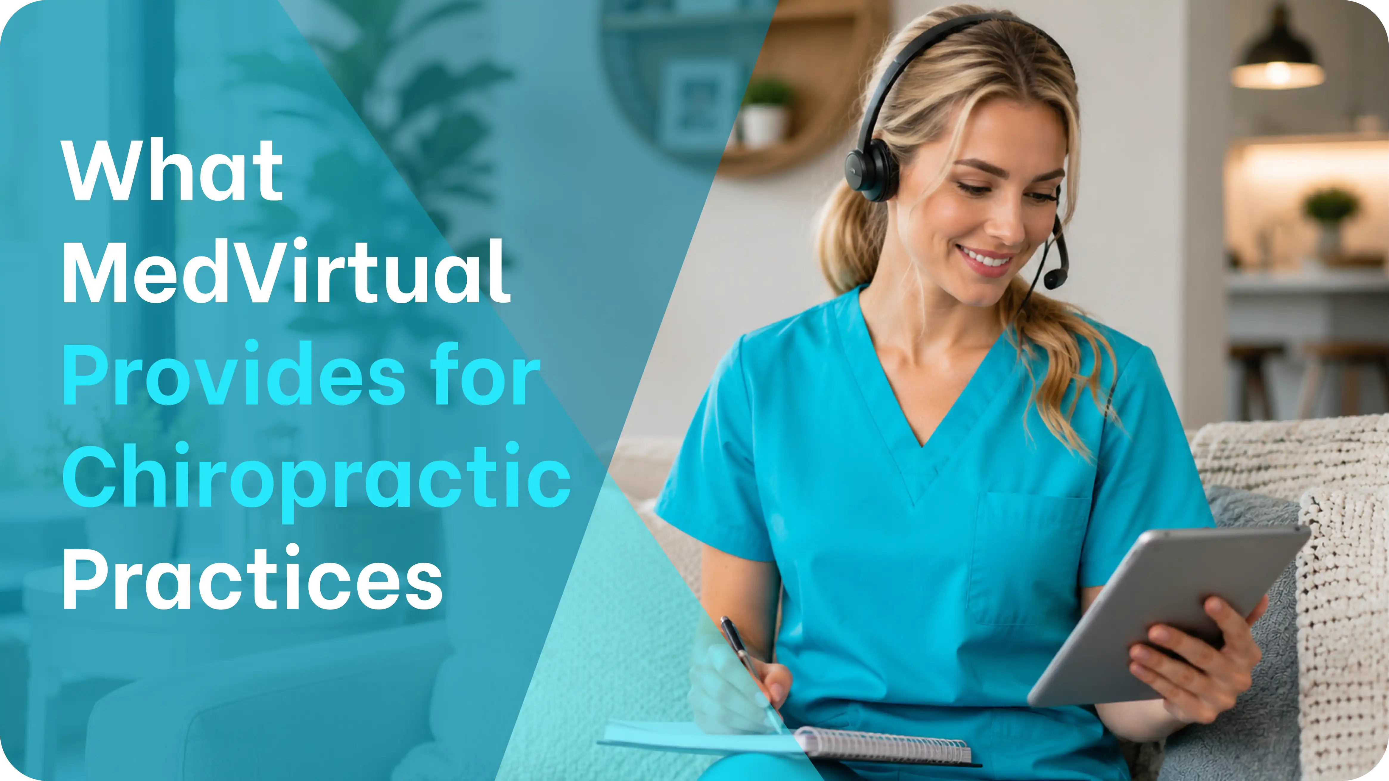 chiropractor virtual assistant in scrubs and headset taking notes on a tablet while managing remote admin tasks for a chiropractic practice