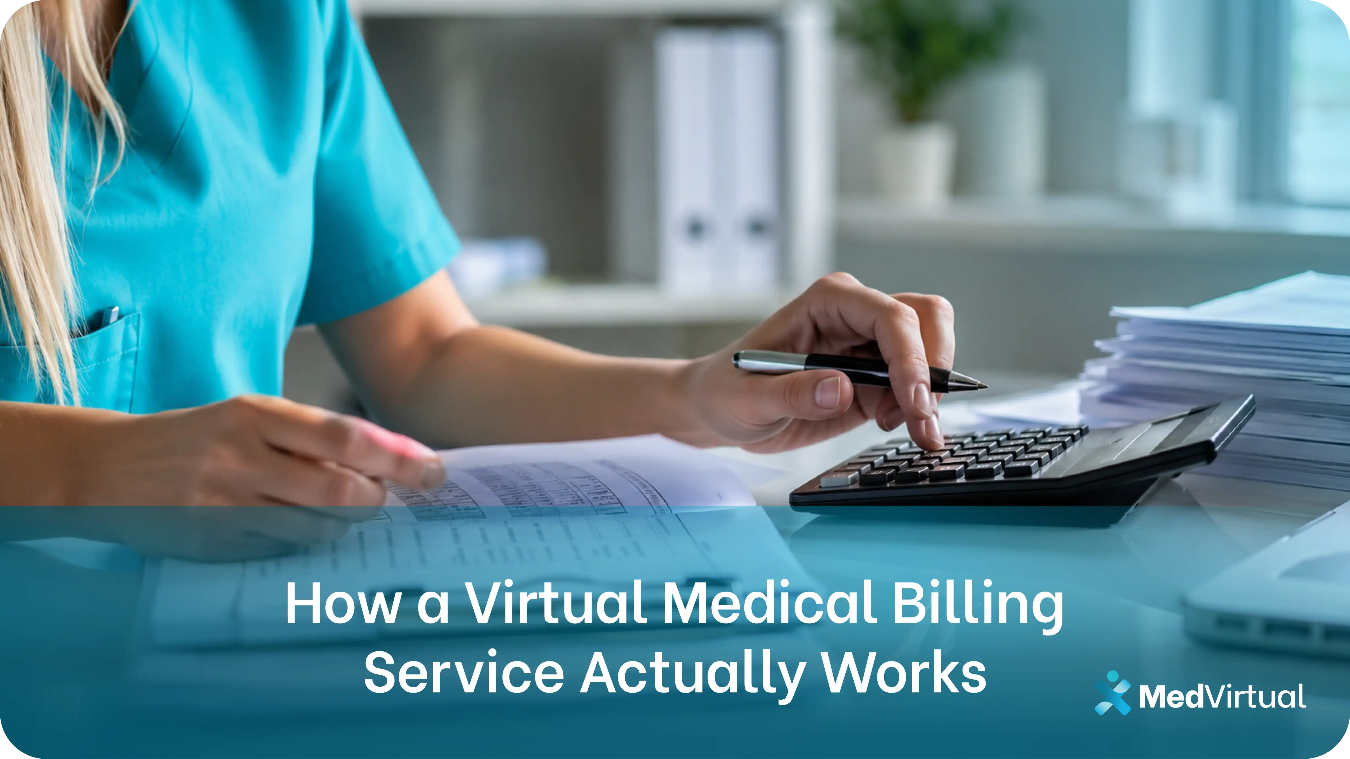 a virtual medical billing service professional in scrubs calculating charges and reconciling insurance claims using a calculator and billing documents at a medical office desk