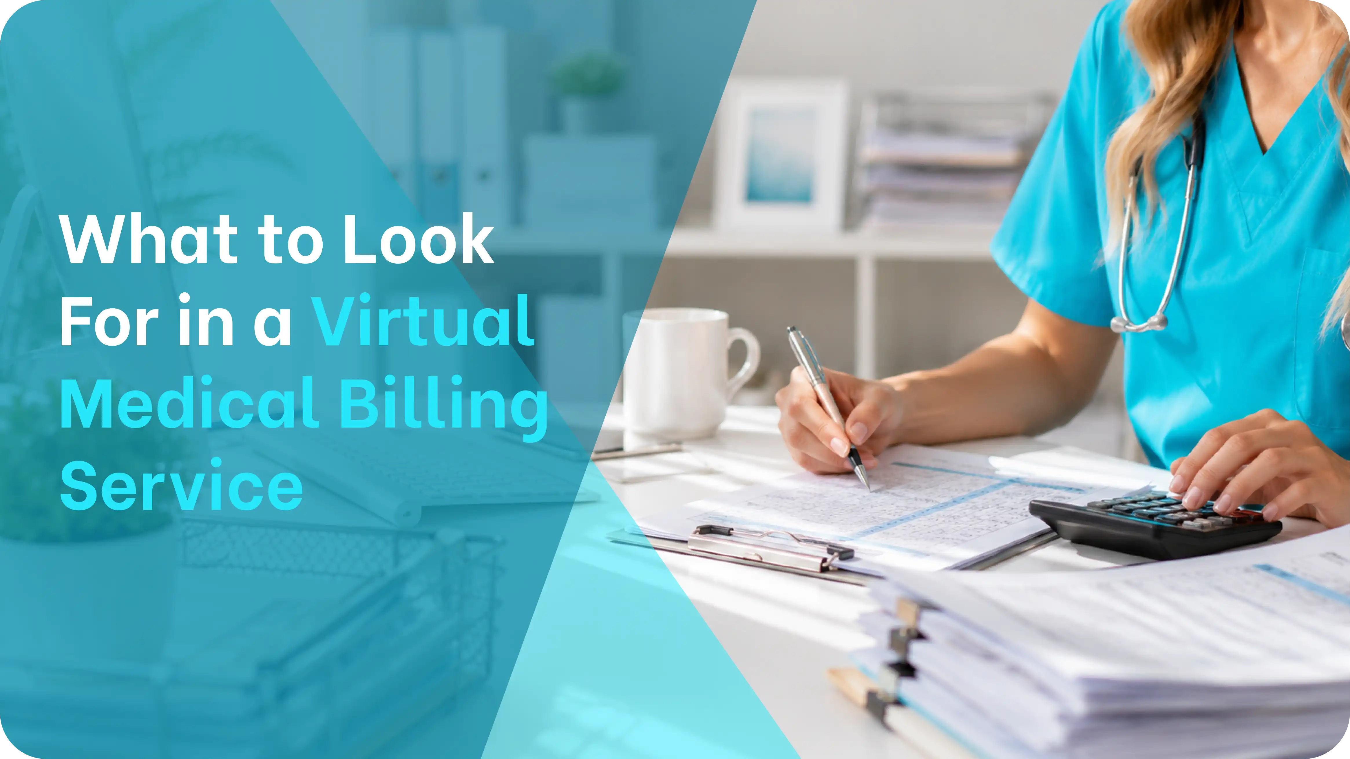 a virtual medical billing service specialist in scrubs reviewing insurance claim documents and using a calculator to manage medical billing for a healthcare practice
