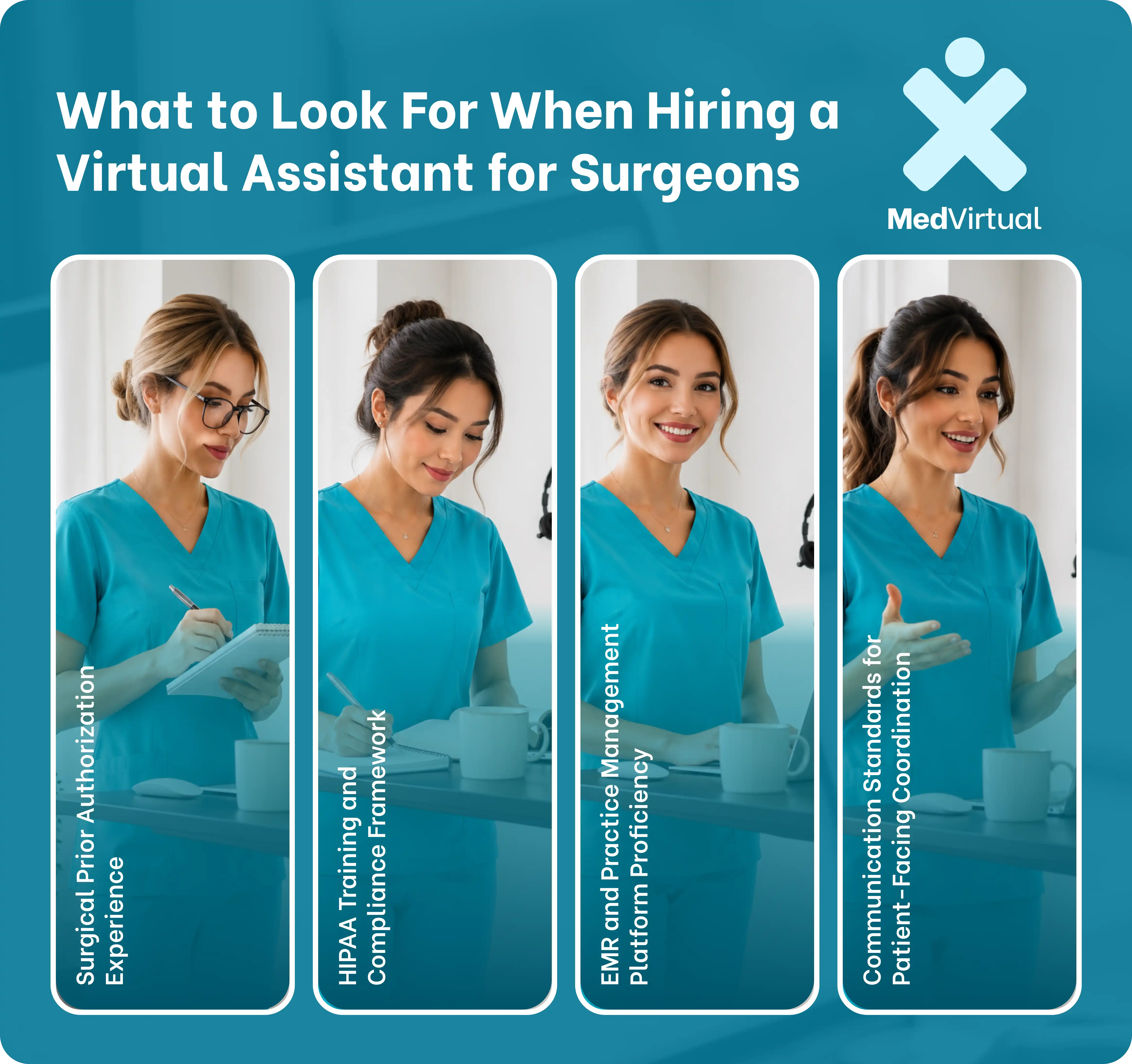 infographic showing 4 criteria for hiring virtual assistants for surgeons including surgical prior authorization experience, hipaa training, emr proficiency, and patient-facing communication standards