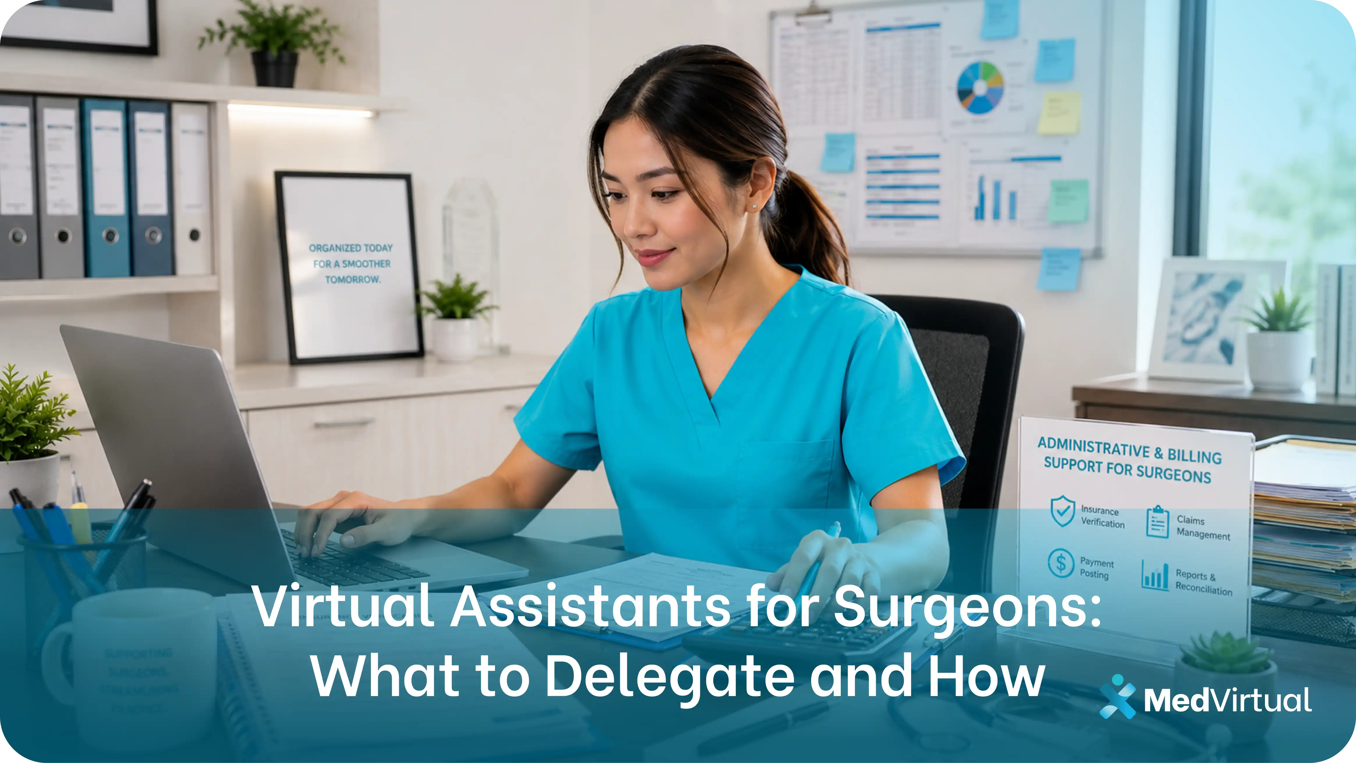 virtual assistant for surgeons in scrubs working on a laptop with an administrative and billing support card showing insurance verification, claims management, and payment posting tasks
