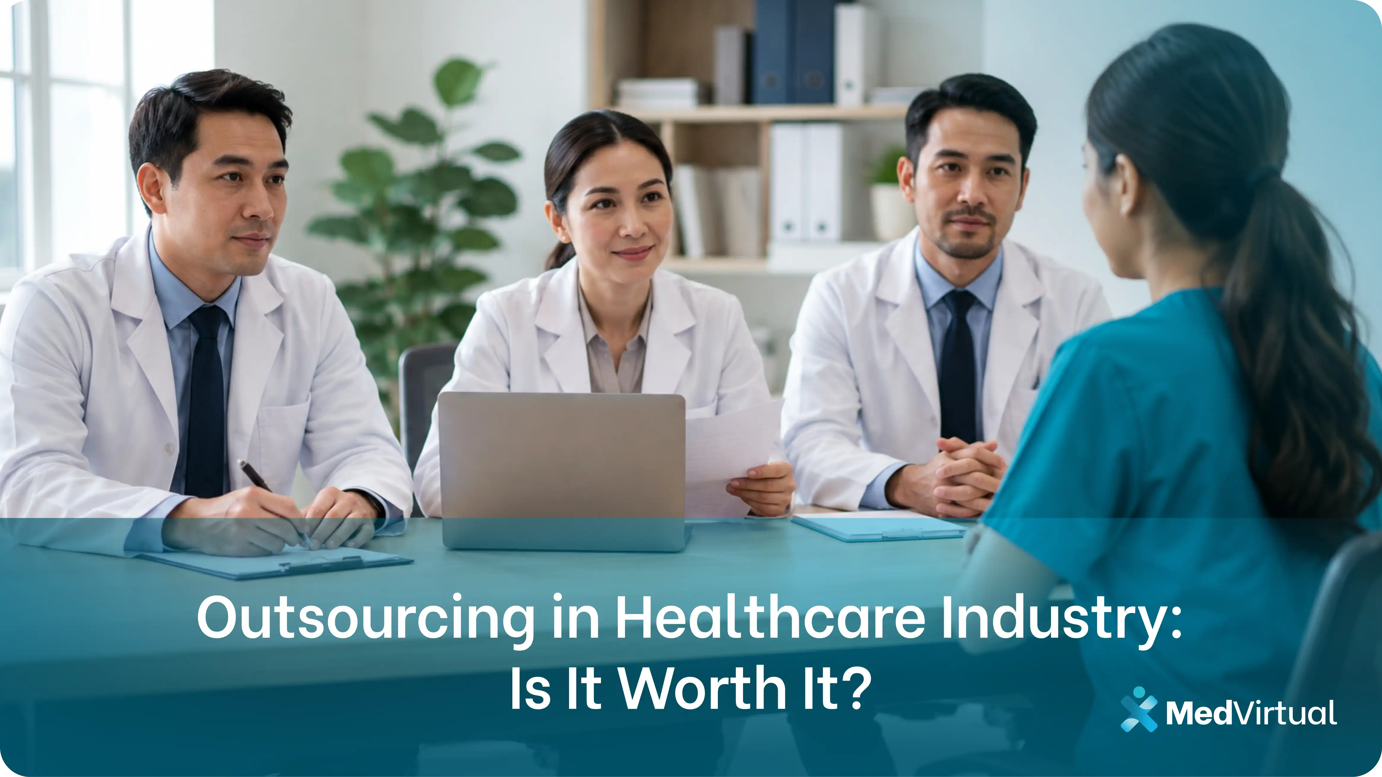 a group of physicians meeting with a virtual assistant to evaluate outsourcing in the healthcare industry for admin, billing, and patient coordination support.
