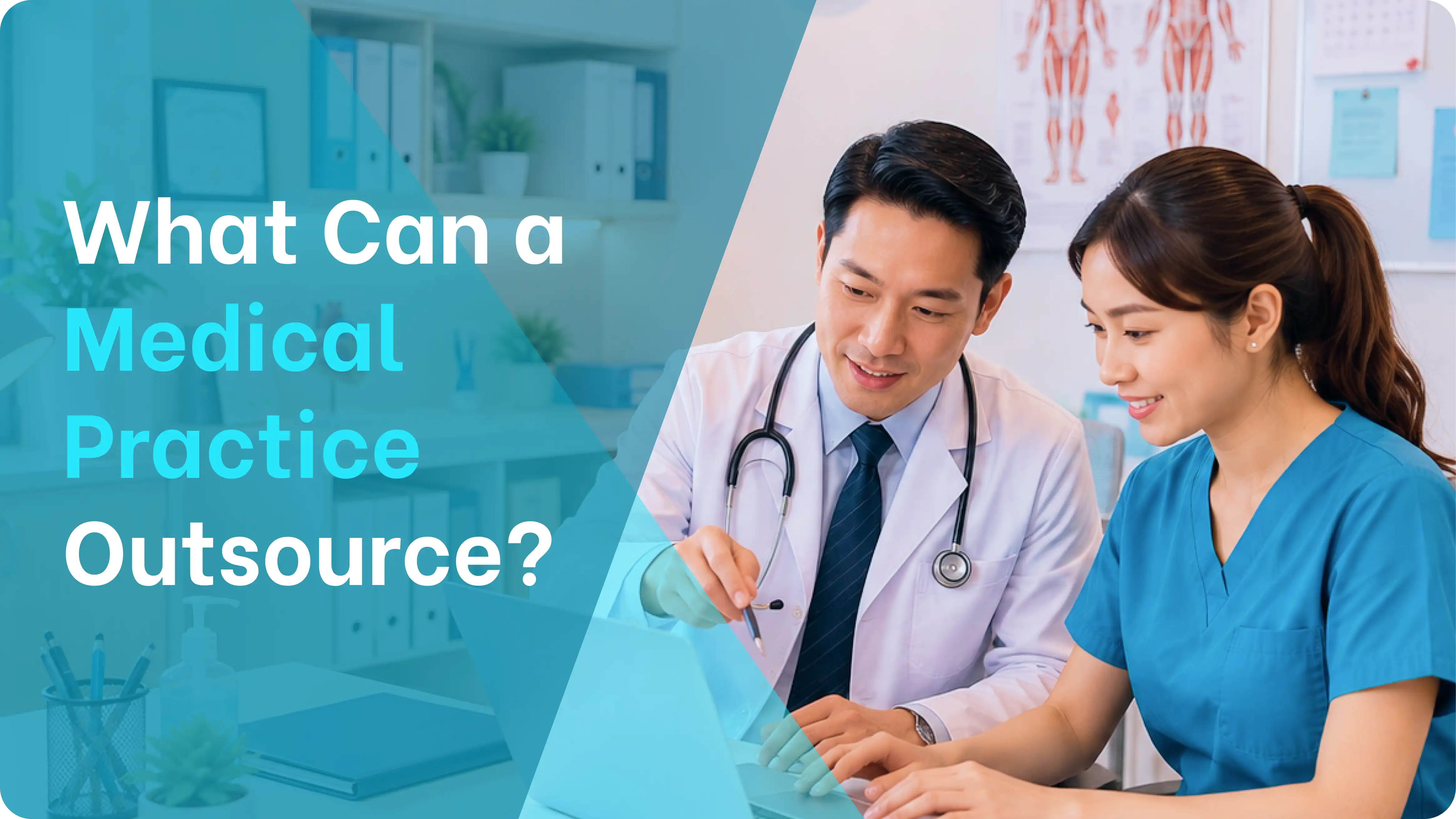a physician and virtual assistant reviewing outsourcing options on a laptop in a medical office, evaluating what a medical practice can outsource in the healthcare industry.