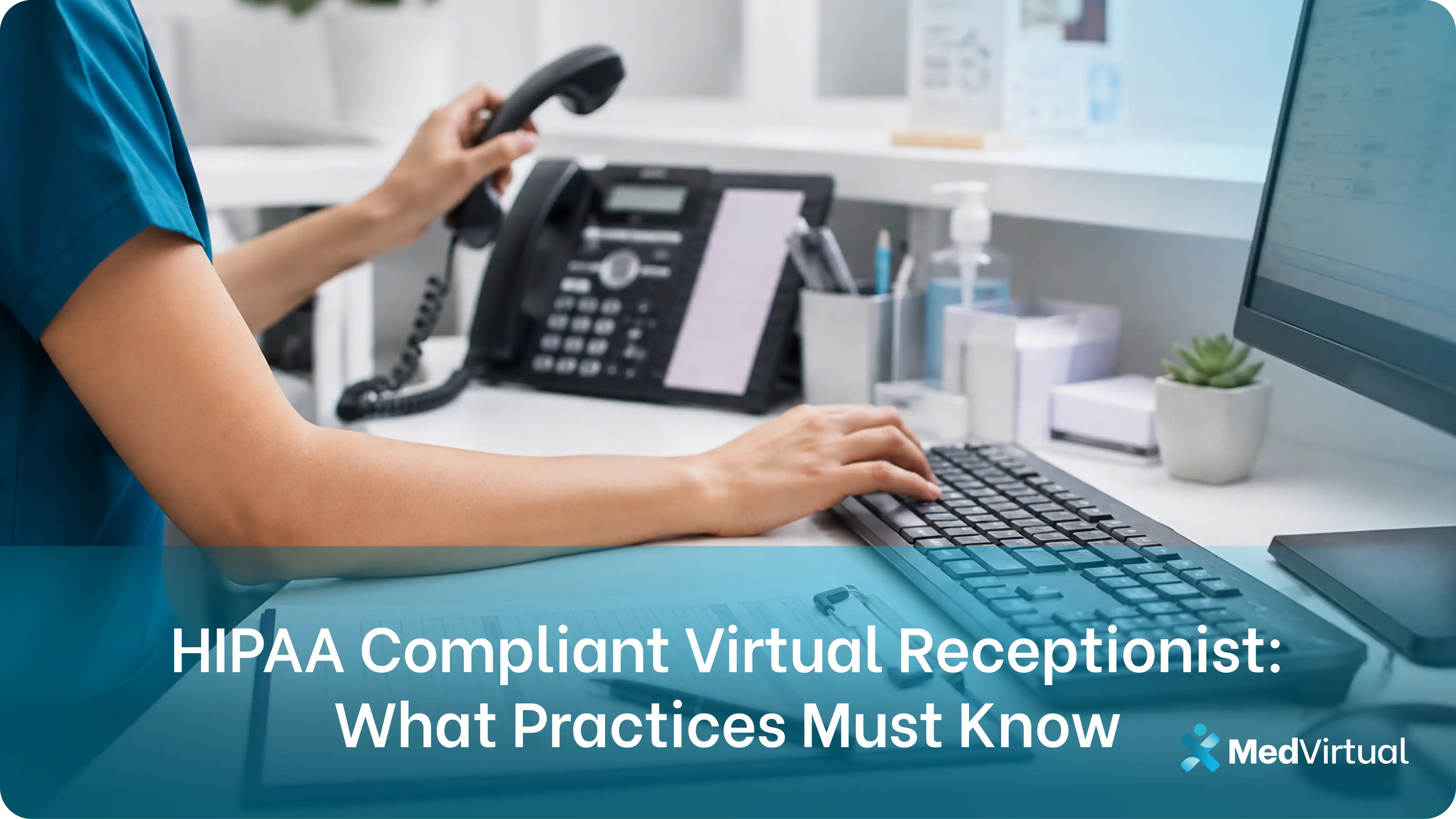a hipaa virtual receptionist in scrubs answering patient phone calls and entering data at a medical front desk workstation.