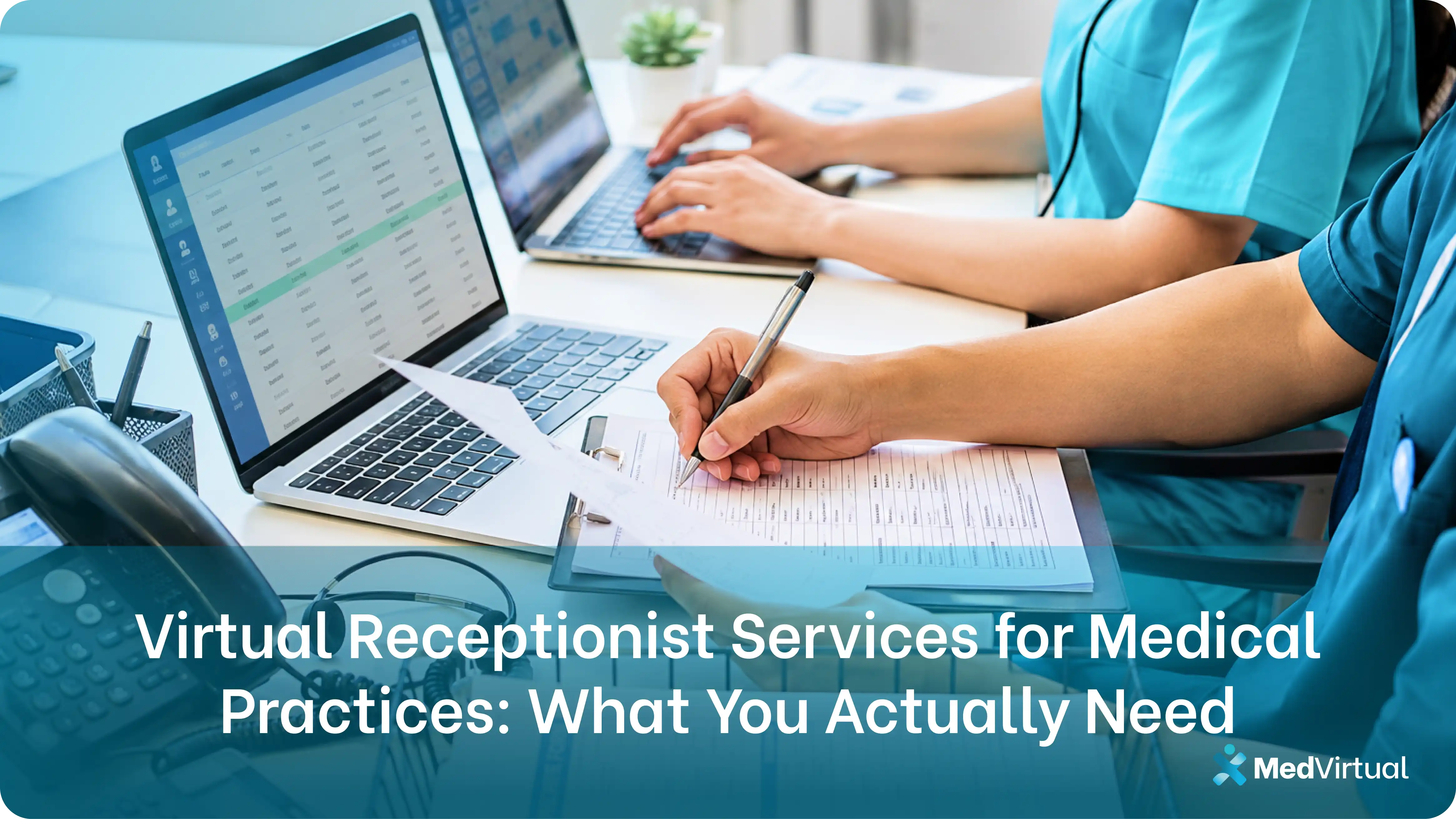 an image of a virtual receptionist services for medical practices shown through a healthcare staff member in scrubs entering patient data on a laptop while completing intake forms at a front desk.