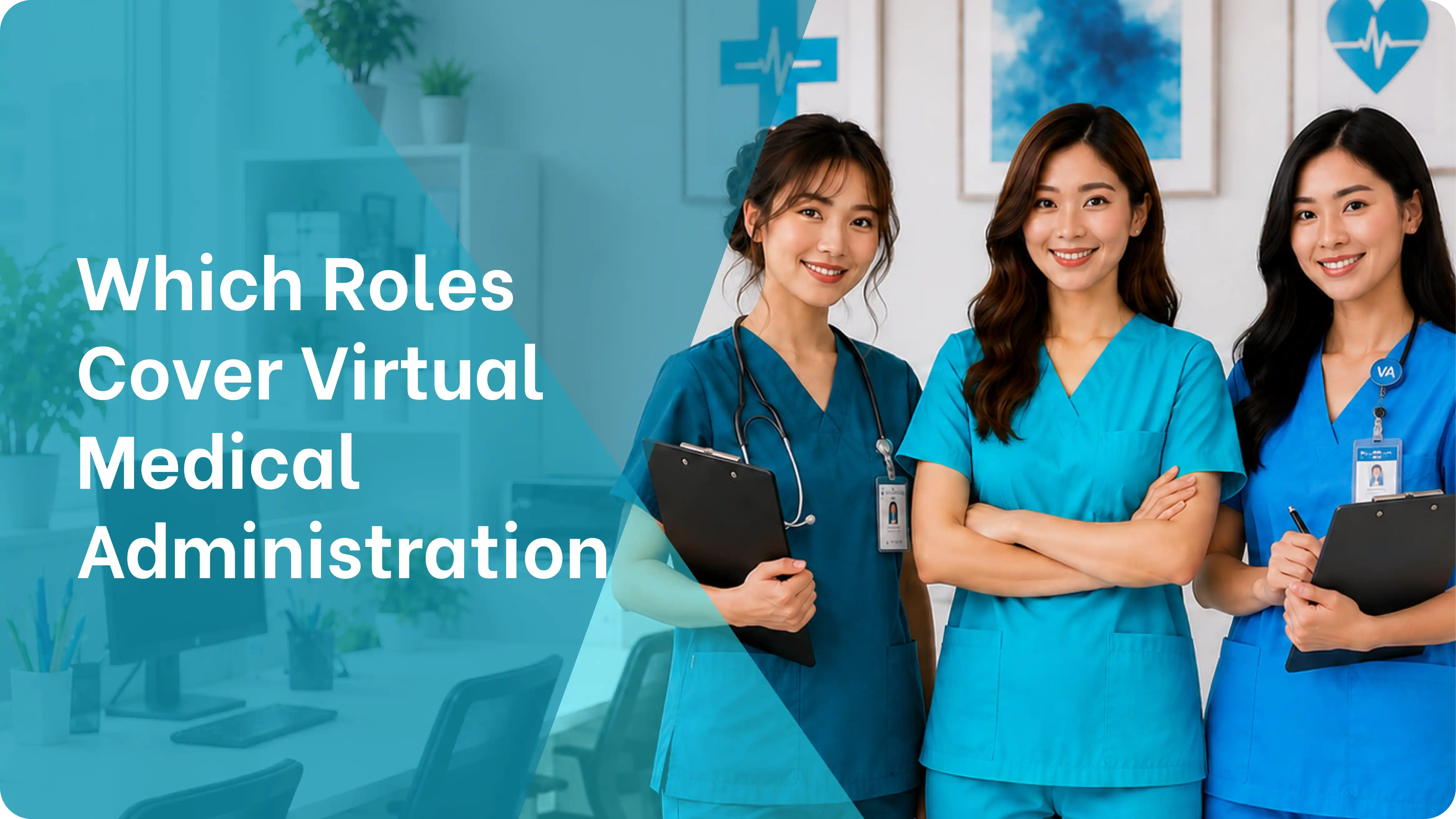 an image of three remote virtual medical administration staff with clipboards and id badges