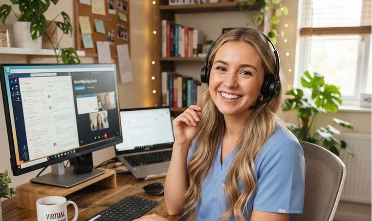 Smiling woman with headset sitting at desk with computer screens and coffee mug labeled 'Virtual'.