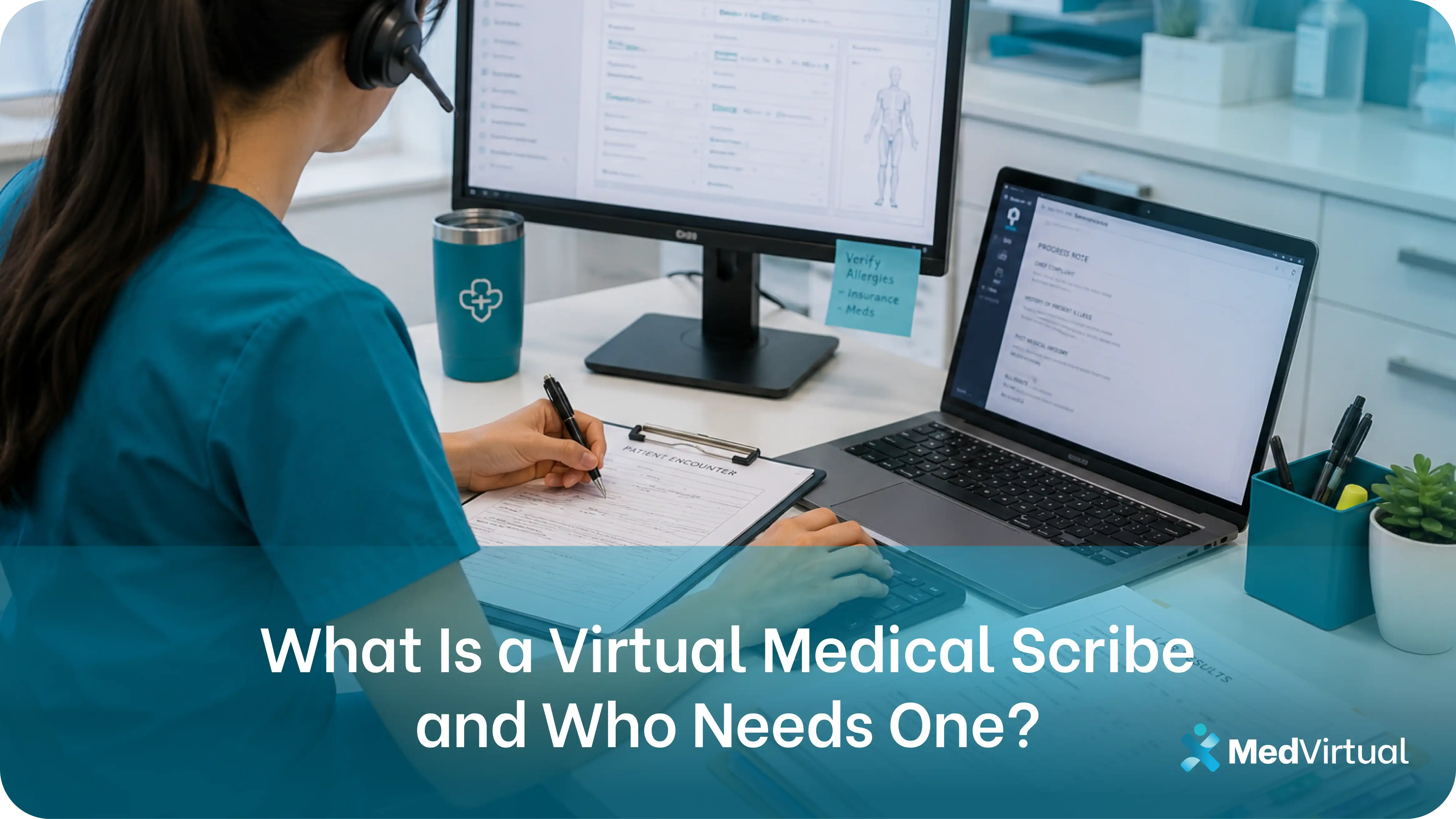 an image of a virtual medical scribe with headset documenting a patient encounter form in real time while updating an emr chart on a dual-monitor workstation.