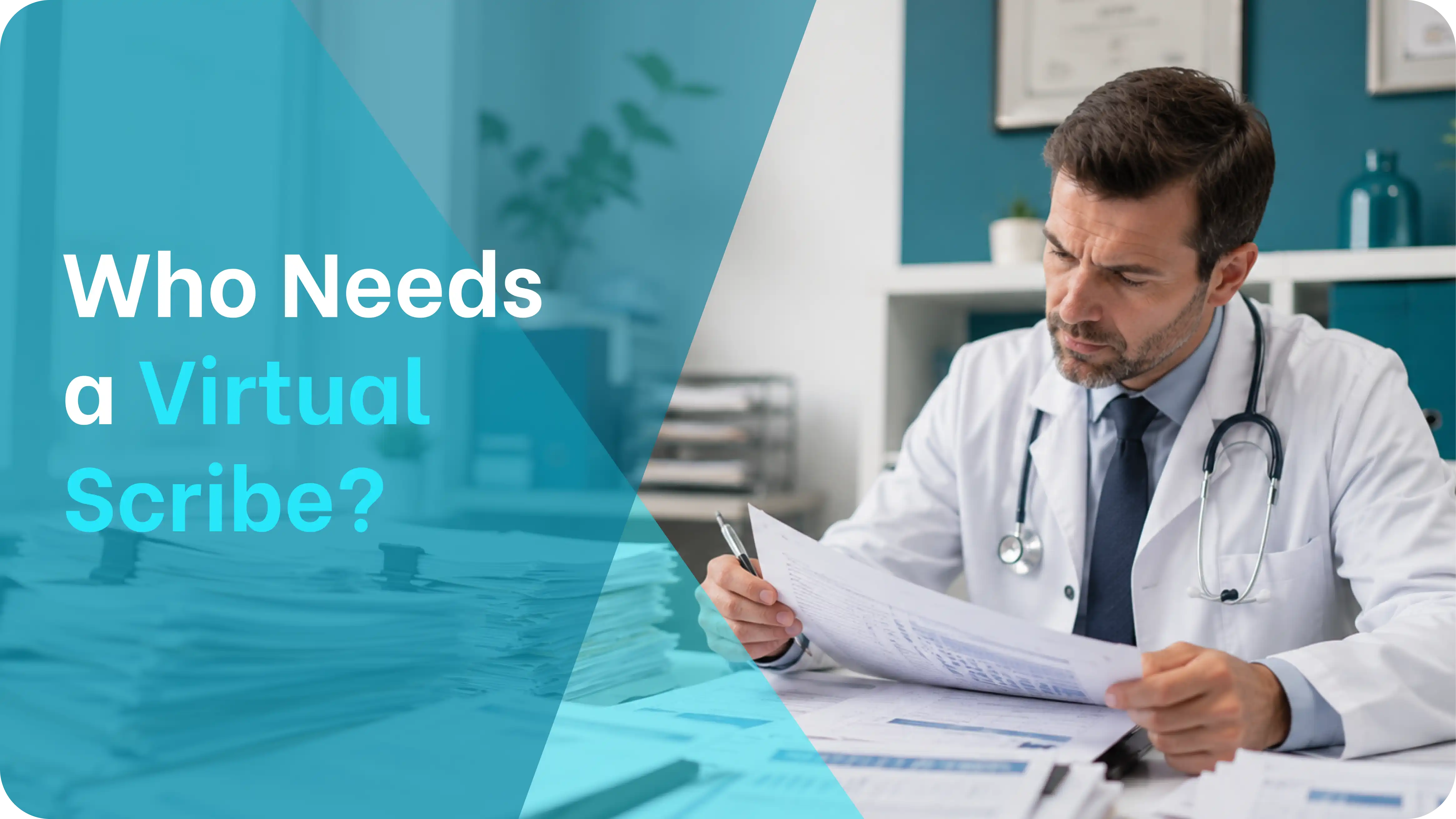 an image of a physician reviewing a large stack of patient documentation at a desk, showing the documentation burden that a virtual medical scribe helps reduce for busy practices